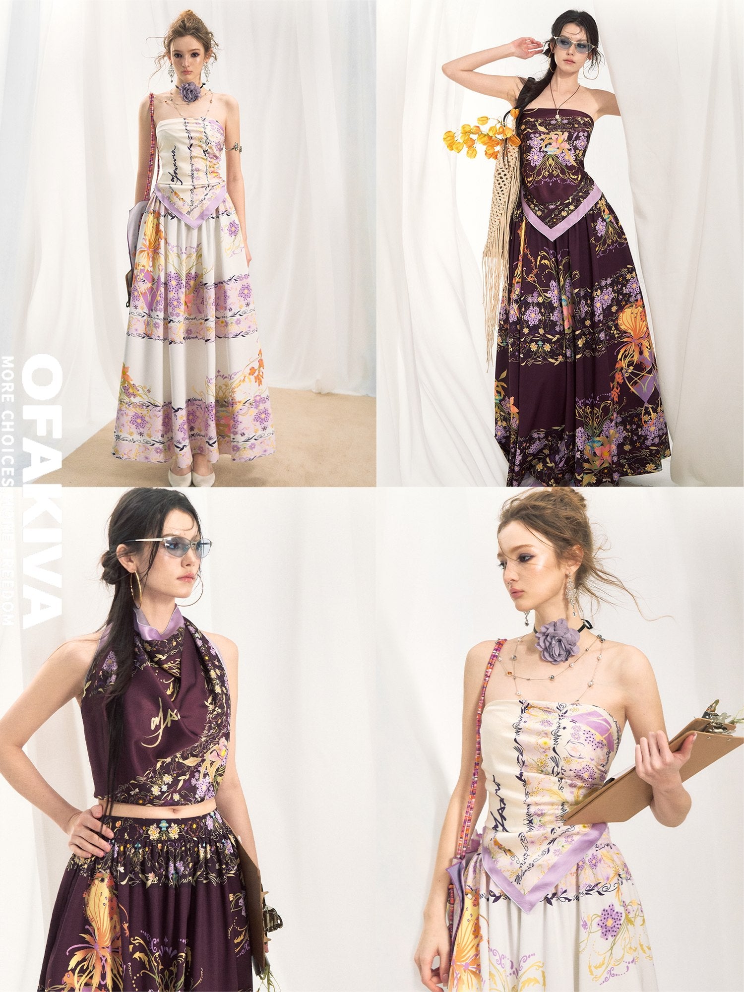 OfAkiva Floral Sleeveless Slim Two Piece With Square Scarf Women Top & Skirt Sets