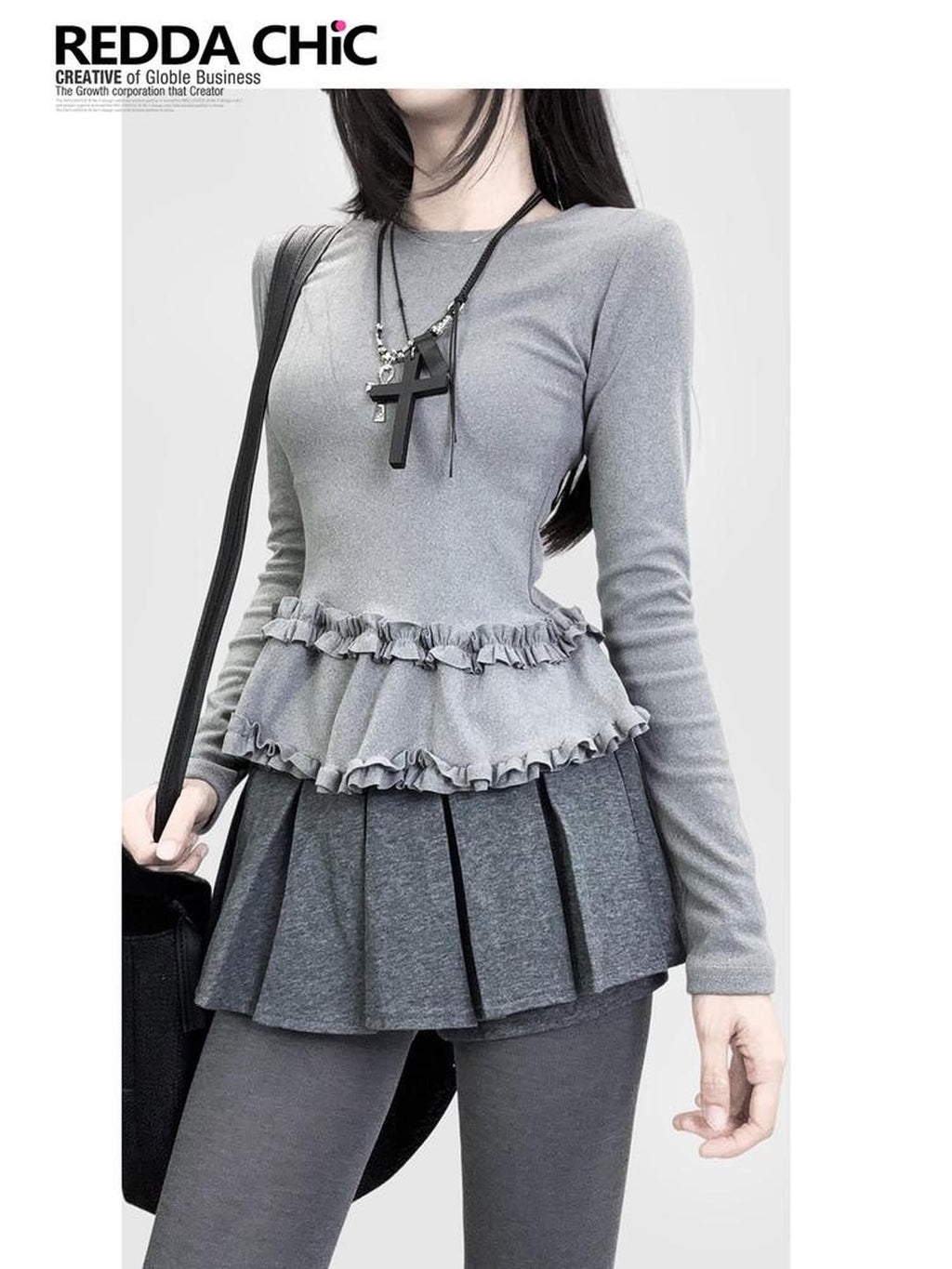 REDDACHIC Heather Gray Layered Lettuce Edge Slim Fit Women'S Derong Long Sleeve T-Shirts