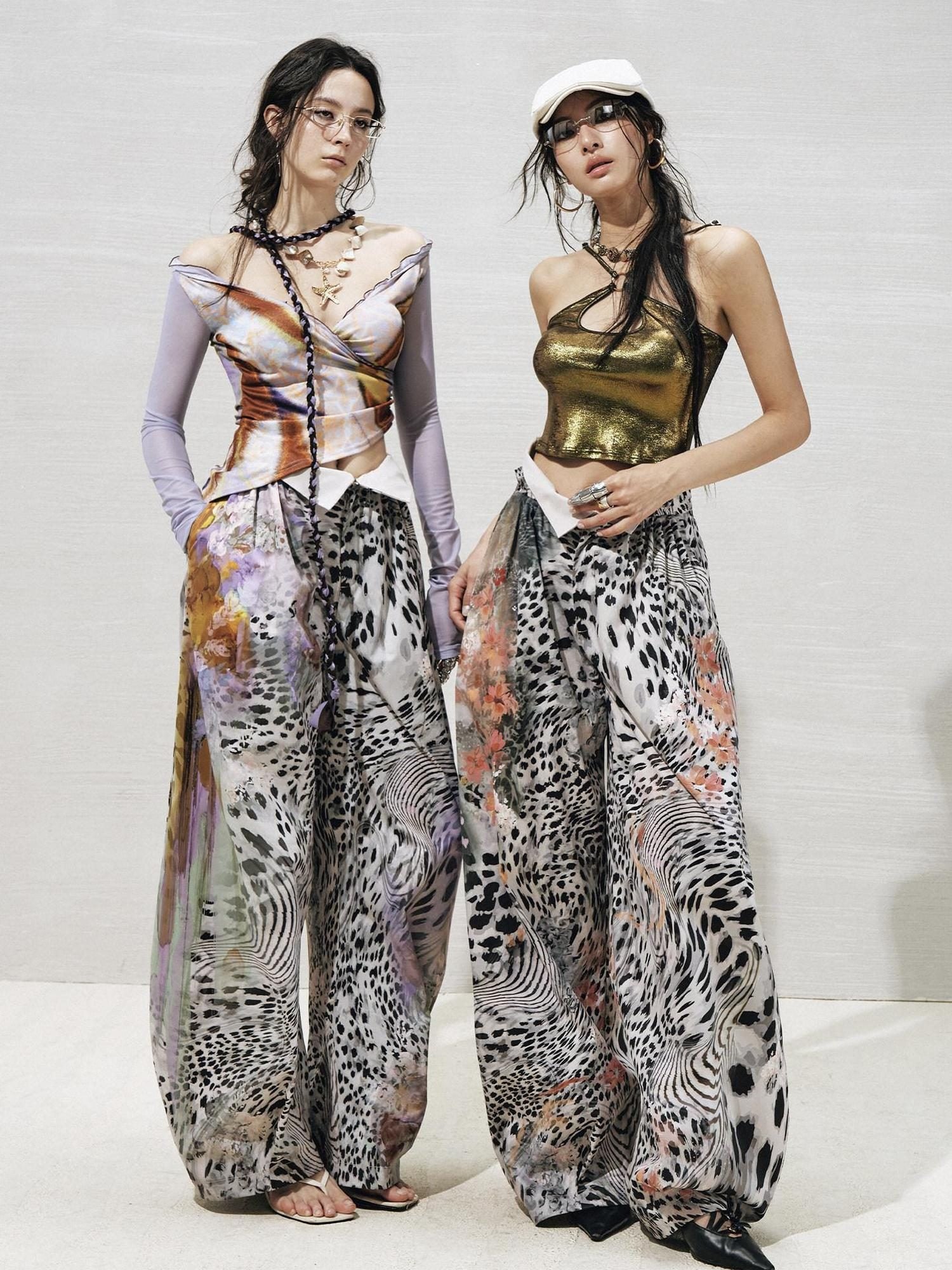 OfAkiva High Waist Leopard Print Cuffed Minimal Women Light Stretch Wide Leg Pants