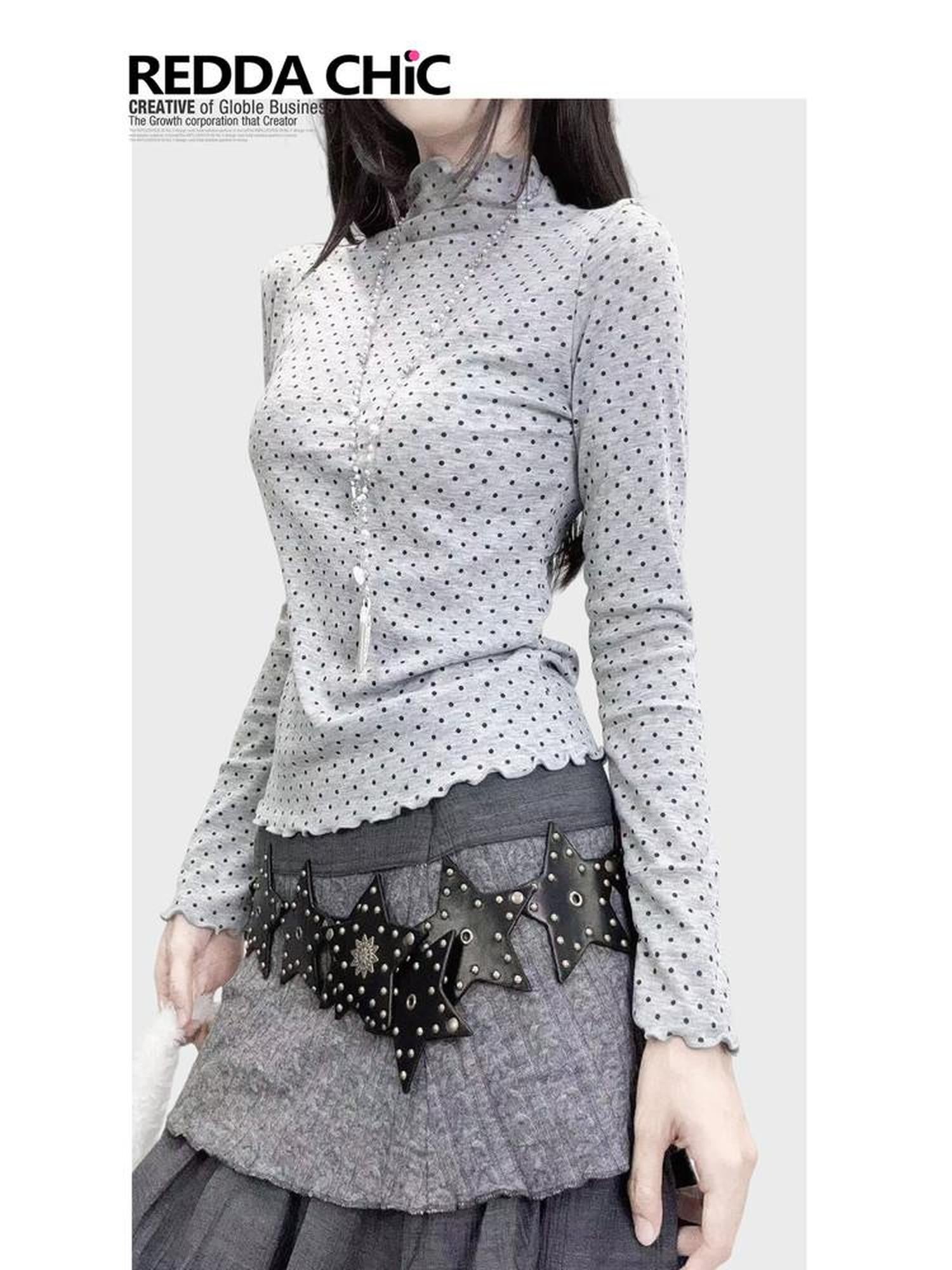 REDDACHIC Gray Polka Dot Knit Half Turtleneck Slim Women'S Long Sleeve T-Shirts