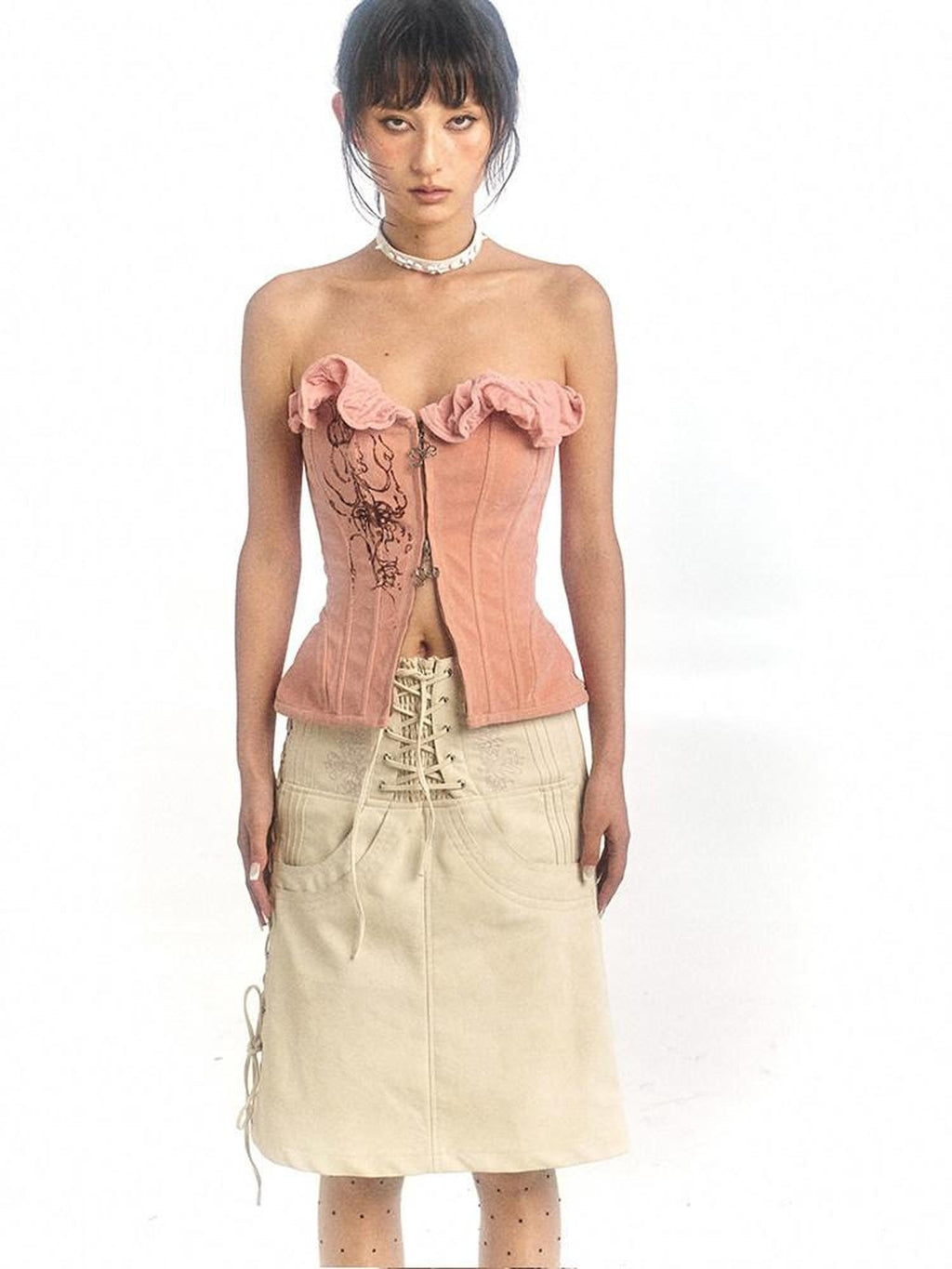 Flowers birds Market Zipper Detail Sweet Fitted Cropped Strapless Solid Pink Tube Tops / Bandeaus