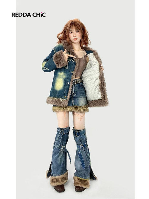 REDDACHIC American Vintage High Waist Bodycon Street Women'S Plush Denim Mini Skirts