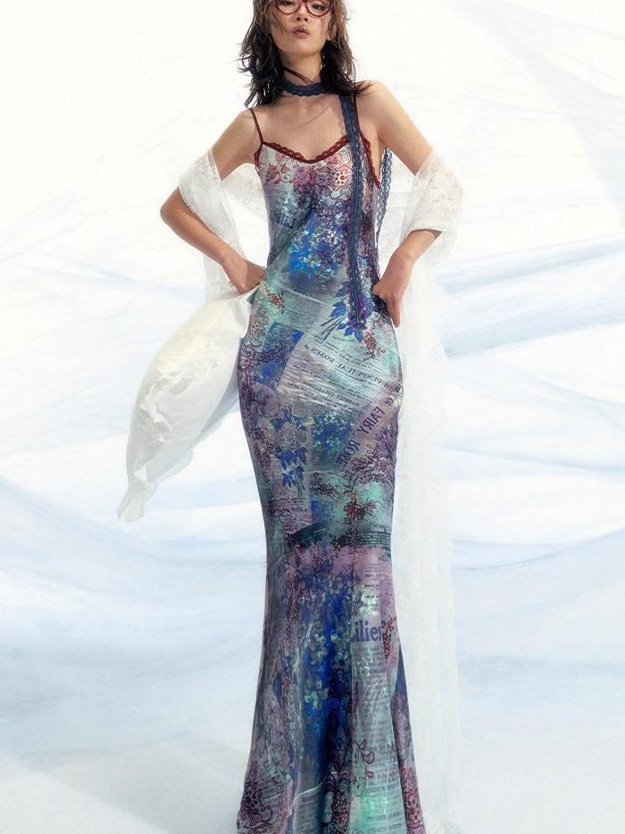 OfAkiva High Waist Southeast Asian Printed Spaghetti Strap A Line Polyester Maxi Dresses