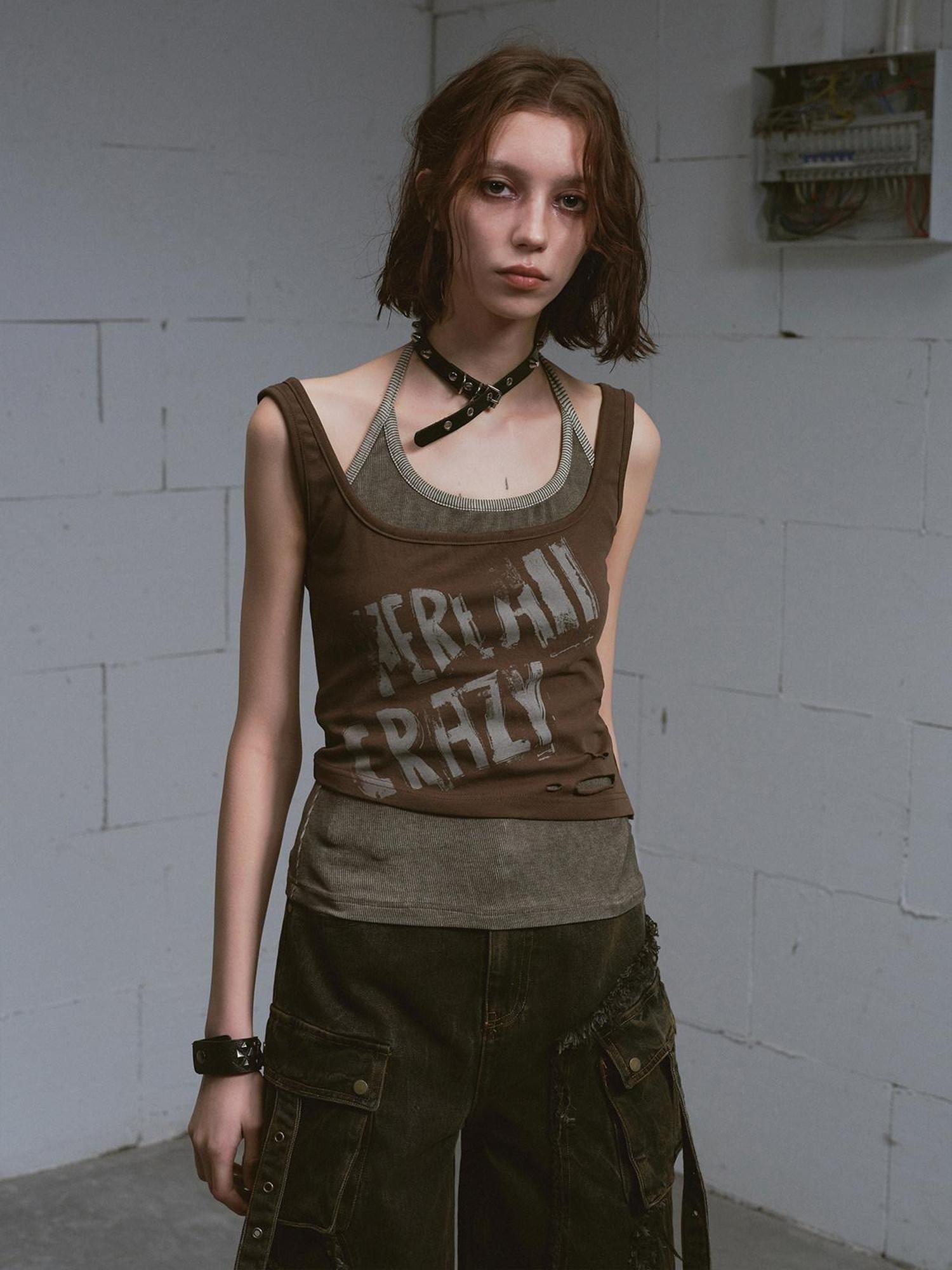 Cest Nous Distressed Print Punk Slim Halter Female Cotton Blend Brown Gray Tanktops