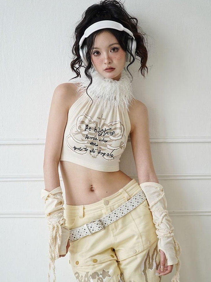 WSW 100 Percent Cotton Soft Halter Cropped Original Design Women Beige Tank Tops