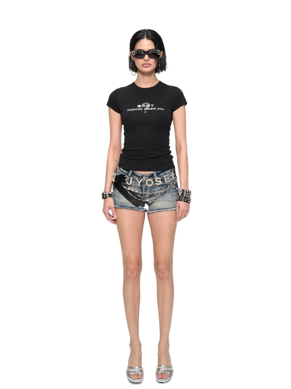JYOSEI Rhinestone Print Slim Fit Casual Women Cotton Spandex Basic Crop Tops