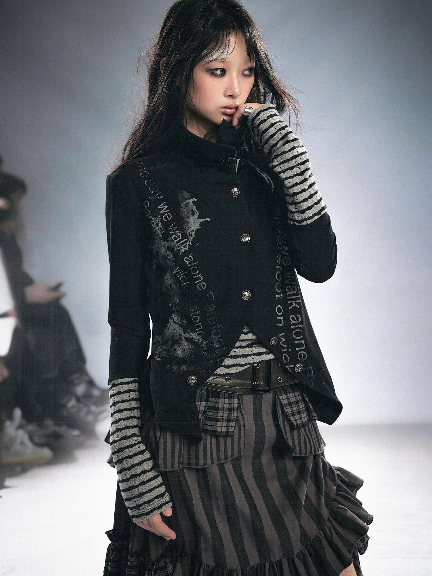 Cest Nous Stretch Cotton Punk Faux Layer Women Striped Pullover Black White Cardigans