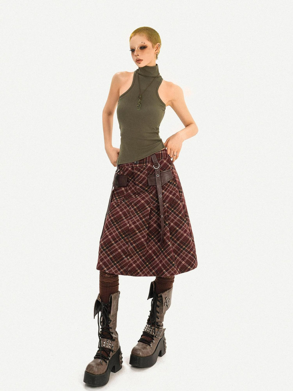 Nico Molly Casual Distressed Plaid A Line Button Pocket Midwaist Tweed Women Midi Skirts