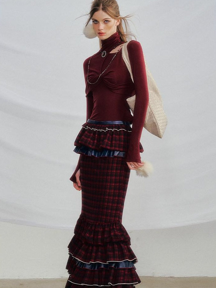 OfAkiva Pleated High Waist A Line Slim Fit City Commuter Women Plaid Maxi Skirts