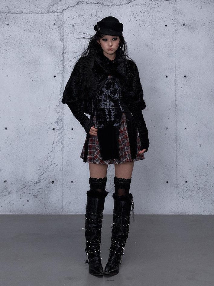 NO ROMANCE Baroque Plaid Polka Dot Square Neck Puff Sleeve Women'S Velvet Mini Dresses