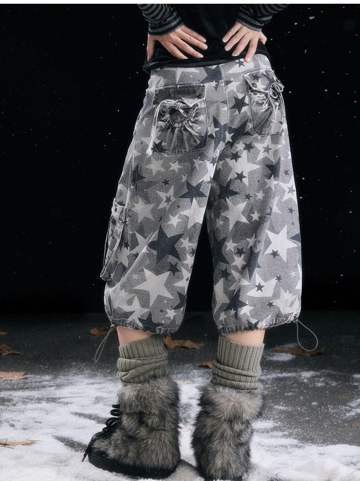 Cest Nous Distressed Grey Camo Cotton Tapered Button Fly Pockets Women Cargopants