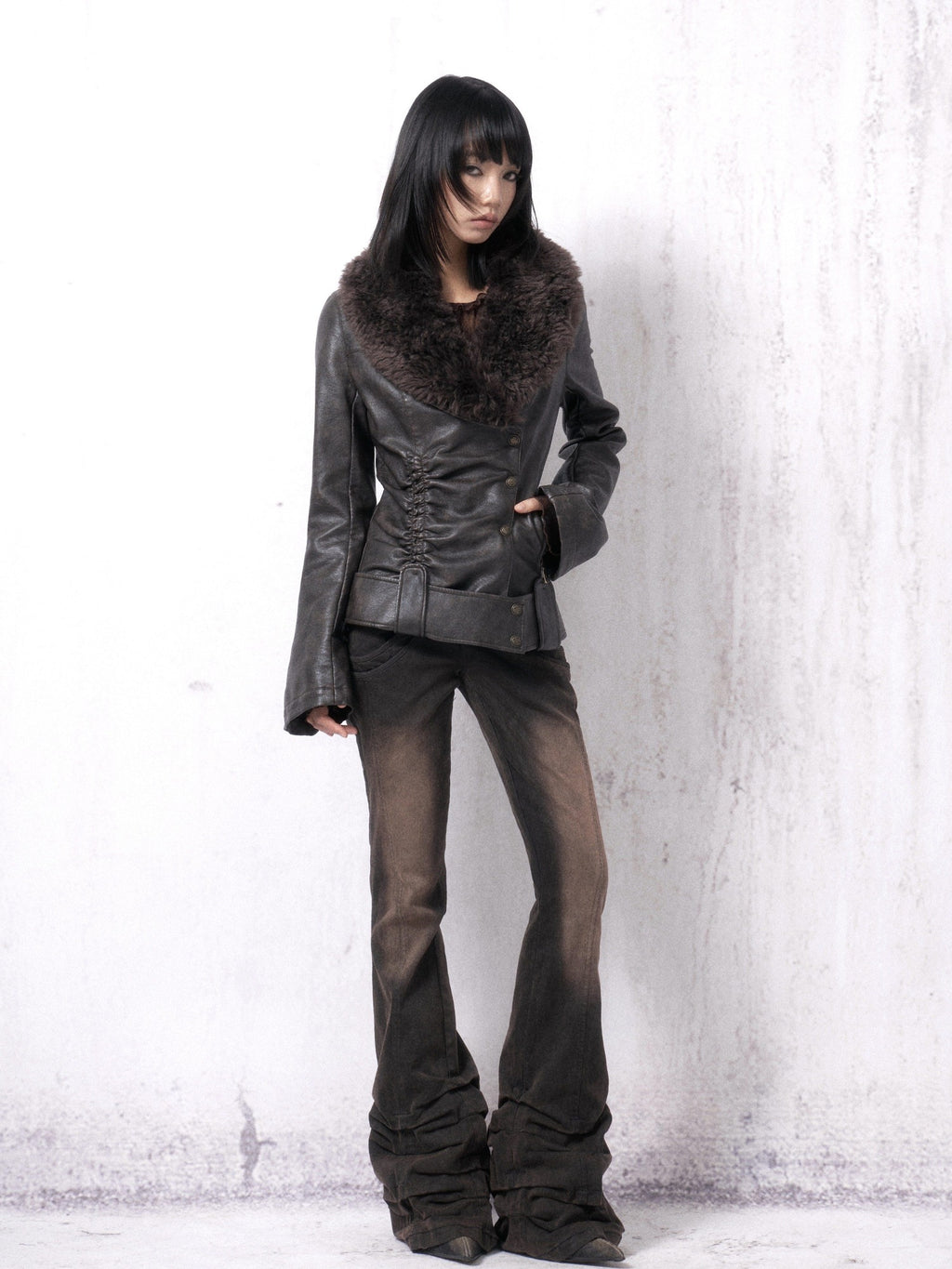 OPEN AESTHETIC Warm Fur Collar Slim Fit Retro Pleated Pu Brown Notch Collar Leather Jackets