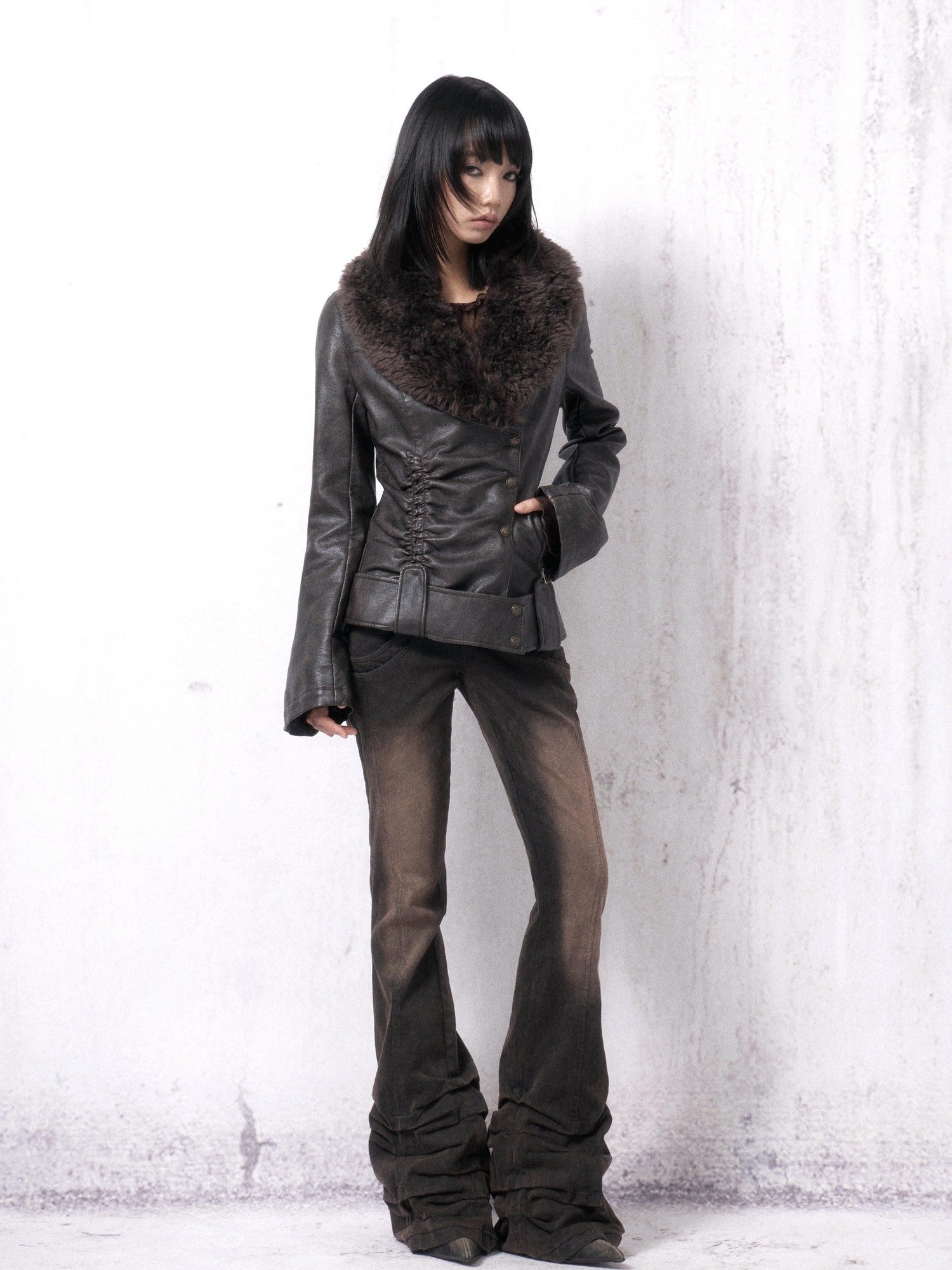 OPEN AESTHETIC Warm Fur Collar Slim Fit Retro Pleated Pu Brown Notch Collar Leather Jackets