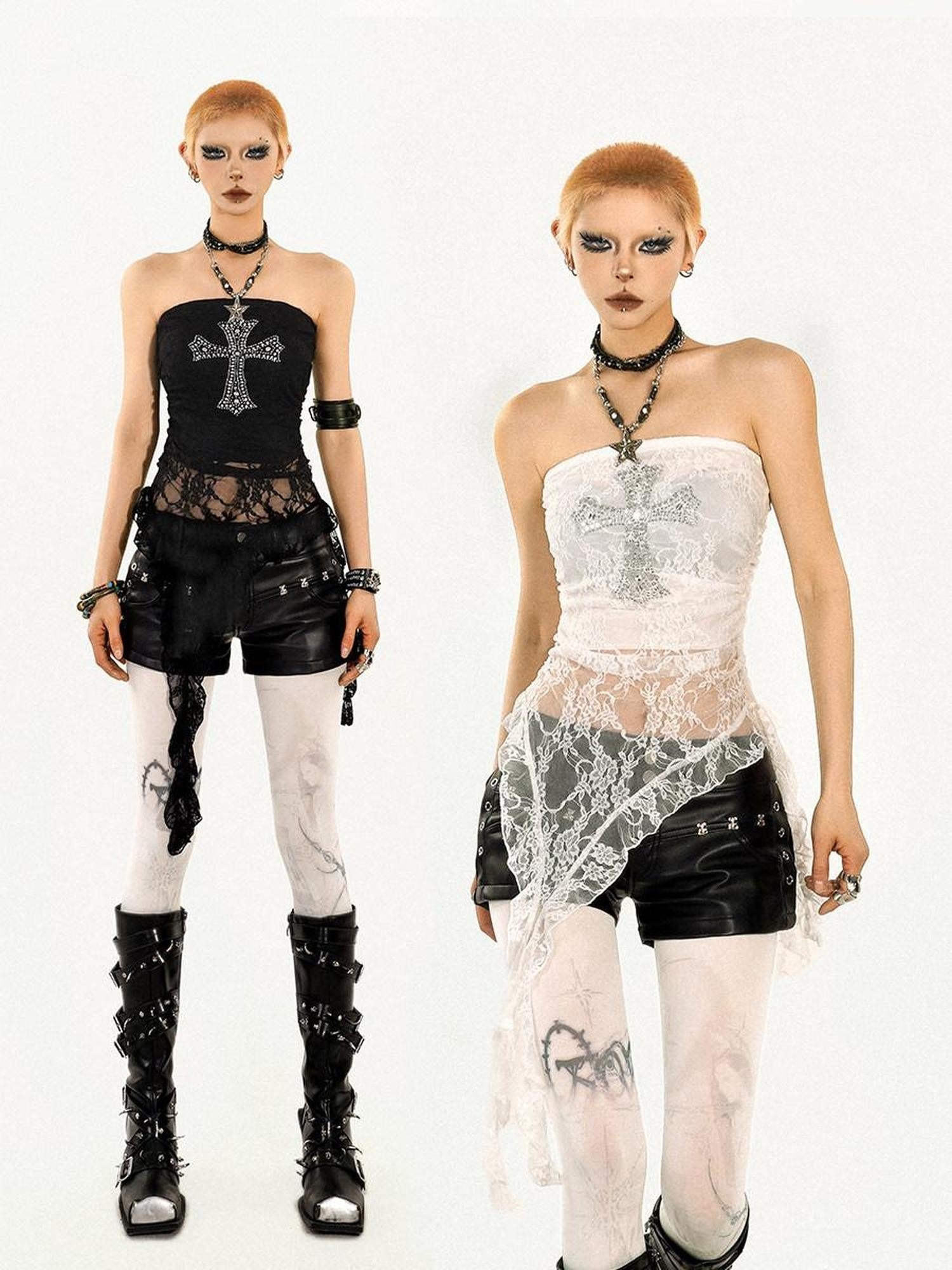 Nico Molly Fringe Slim Fit Punk Street Women Solid Black White Silver Tube Tops