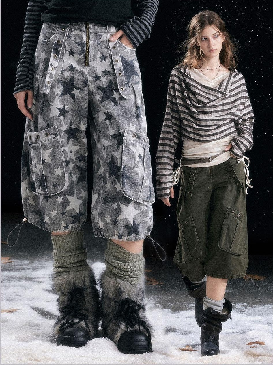 Cest Nous Distressed Grey Camo Cotton Tapered Button Fly Pockets Women Cargopants