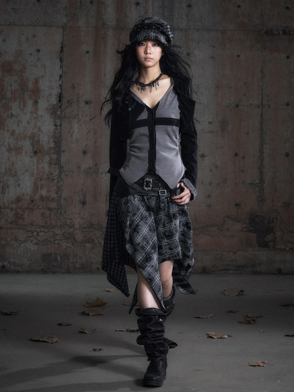 Cest Nous Slim Hooded Patchwork Knit Punk Long Sleeve Open Front Women Black Gray Blouses
