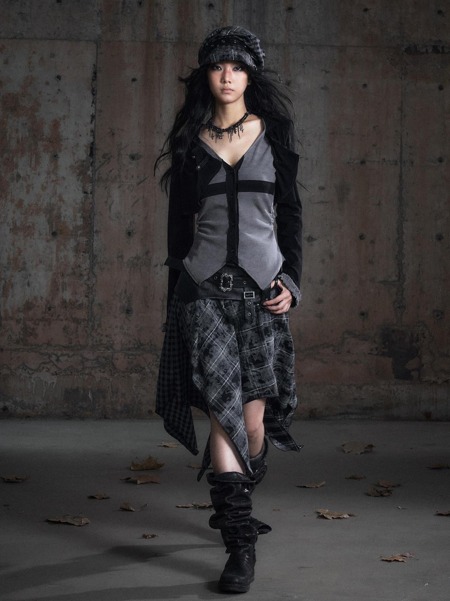 Cest Nous Slim Hooded Patchwork Knit Punk Long Sleeve Open Front Women Black Gray Blouses