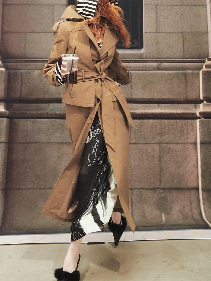 OfAkiva Faux Two Piece Long Stand Collar Straight Office Women Trench Coats
