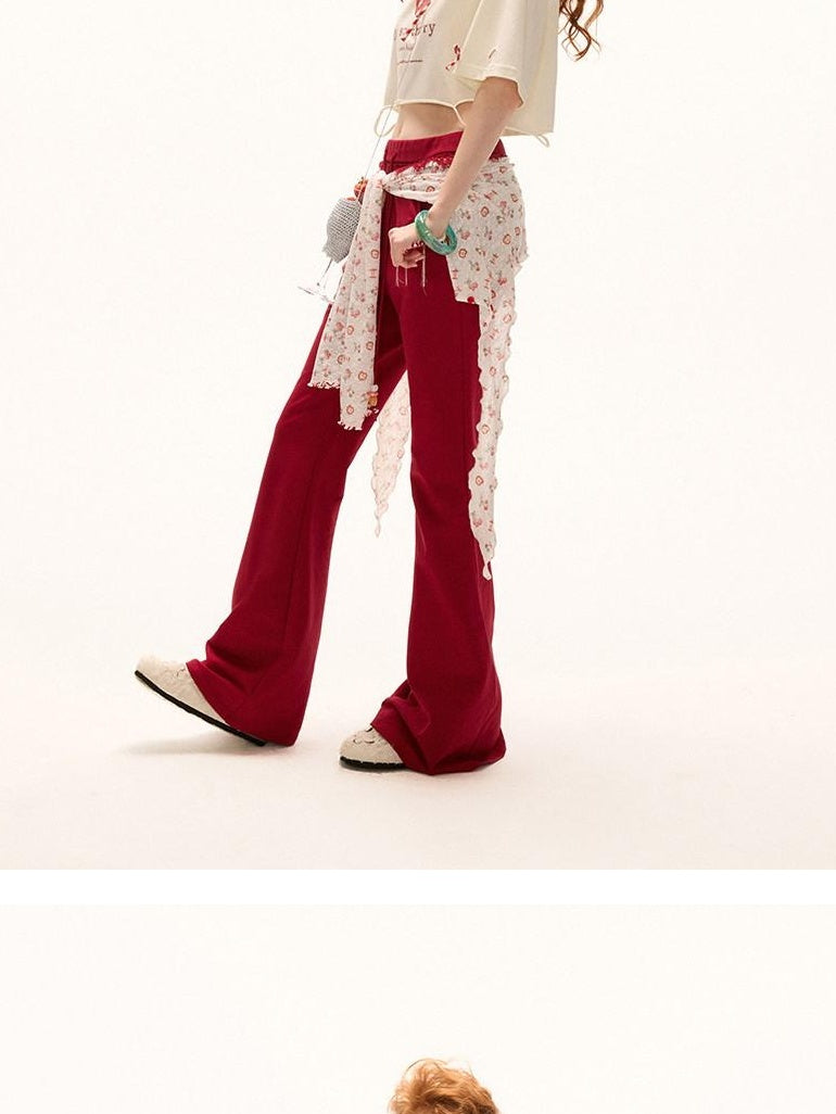 MAMC Slim Cotton Low Rise Drawstring Womens Minimal Red Micro Flare Flared Pants