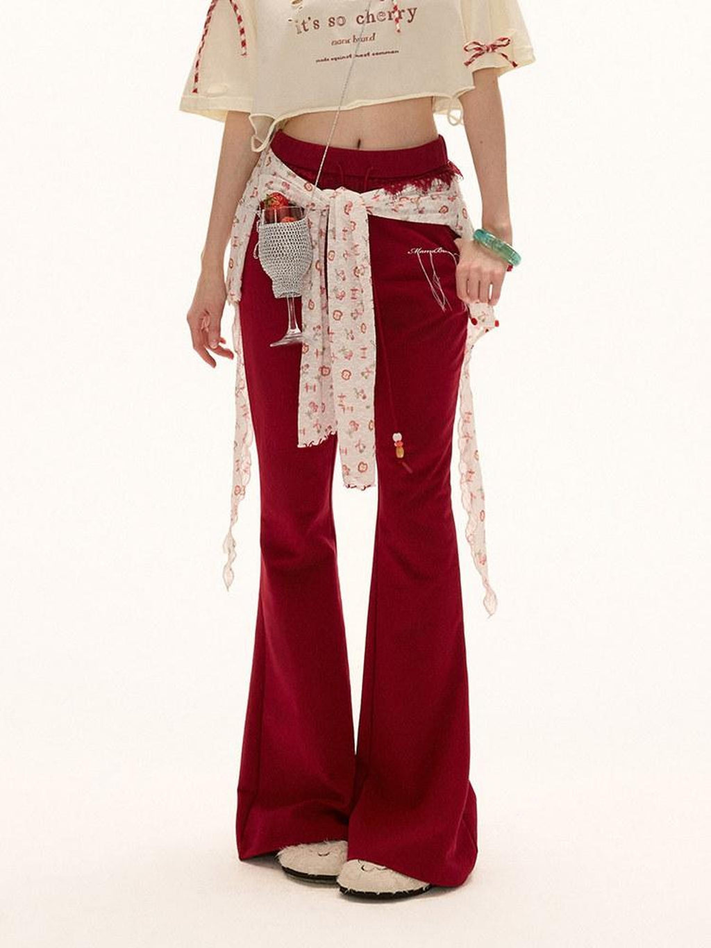 MAMC Slim Cotton Low Rise Drawstring Womens Minimal Red Micro Flare Flared Pants
