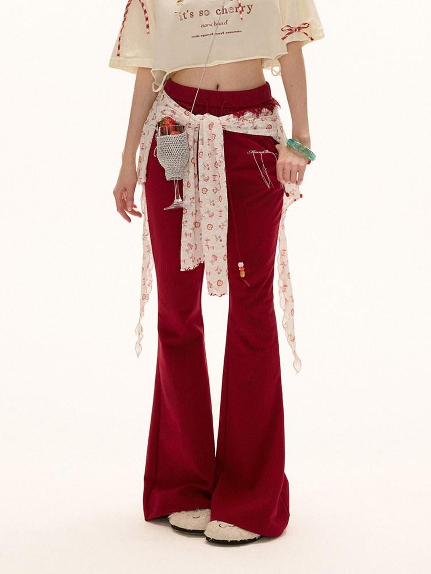 MAMC Slim Cotton Low Rise Drawstring Womens Minimal Red Micro Flare Flared Pants