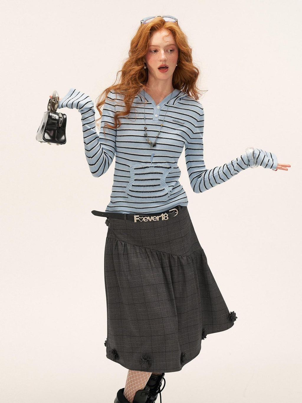 MAMC Sweet Hooded Striped Slim Fit Princess Style Long Sleeve Women Blue Knitwear
