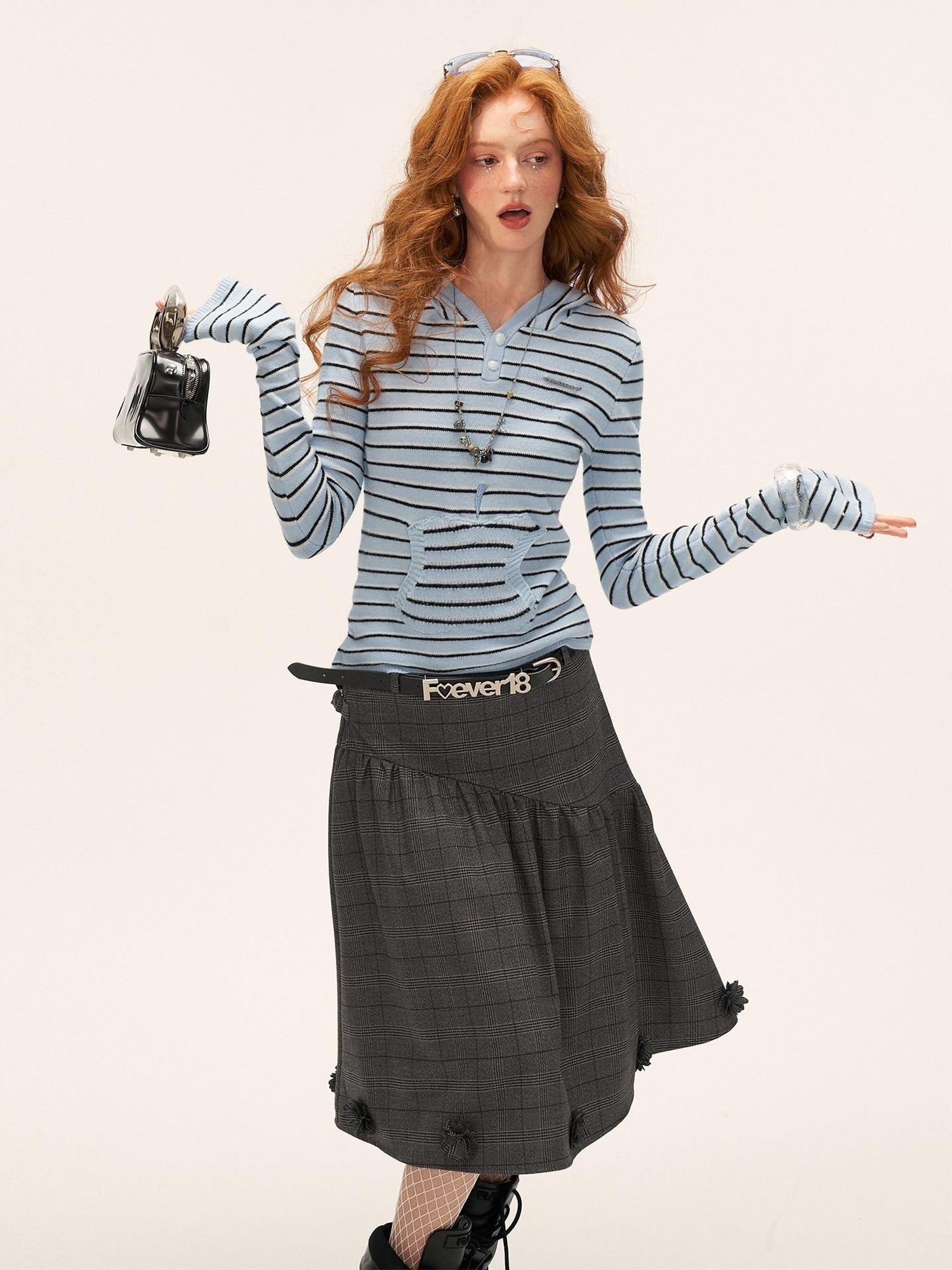 MAMC Sweet Hooded Striped Slim Fit Princess Style Long Sleeve Women Blue Knitwear