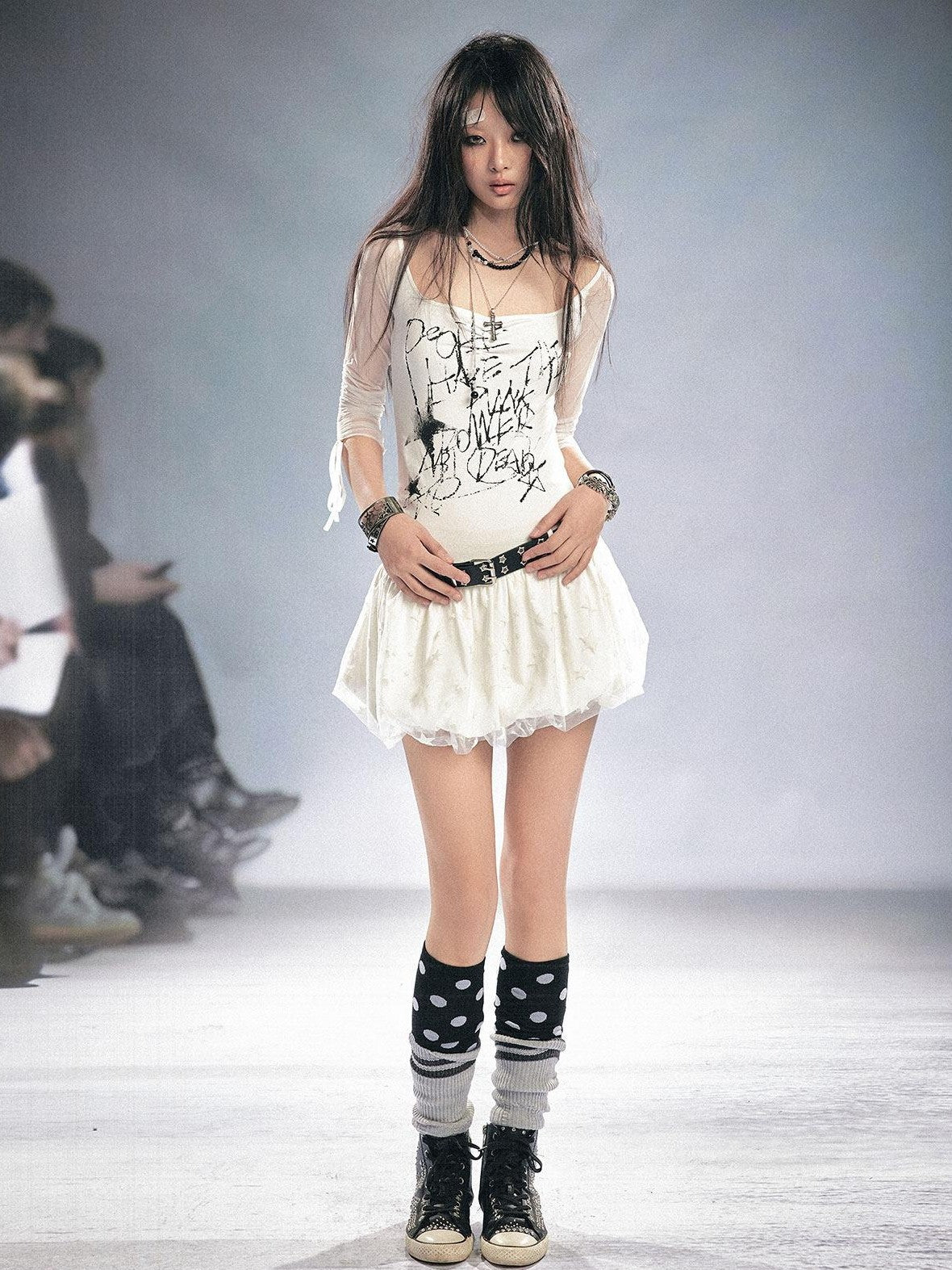 Cest Nous Printed Mesh Stretch Cotton Punk Strappy Puff Skirt Slim Fit Urban Minidresses