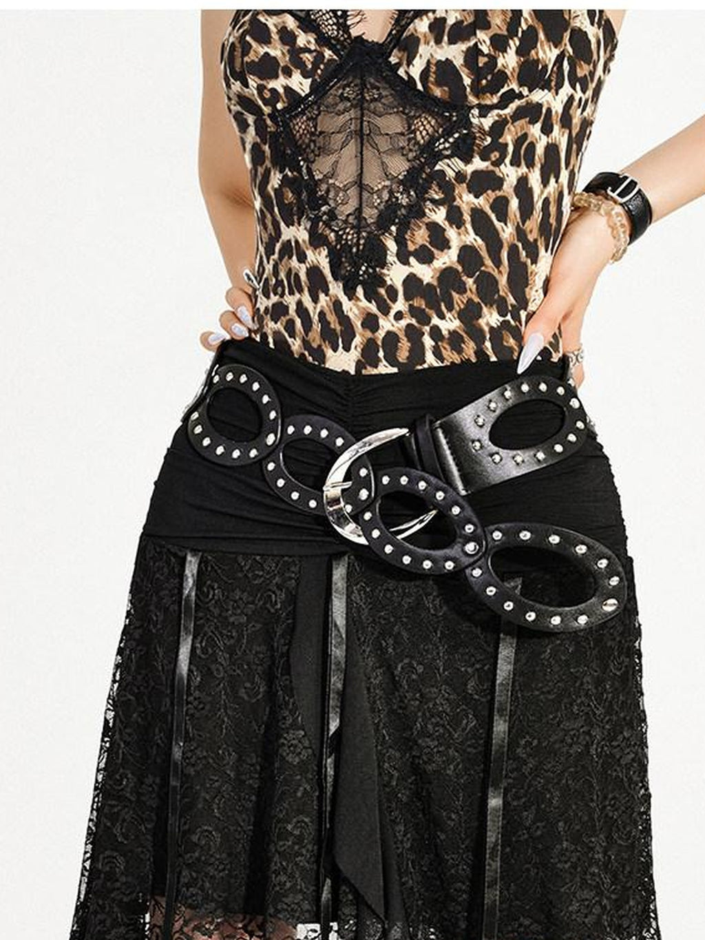 Nico Molly Rhinestone Cutout Vintage Punk Street Women Smooth Pu 5Cm Buckle Belts
