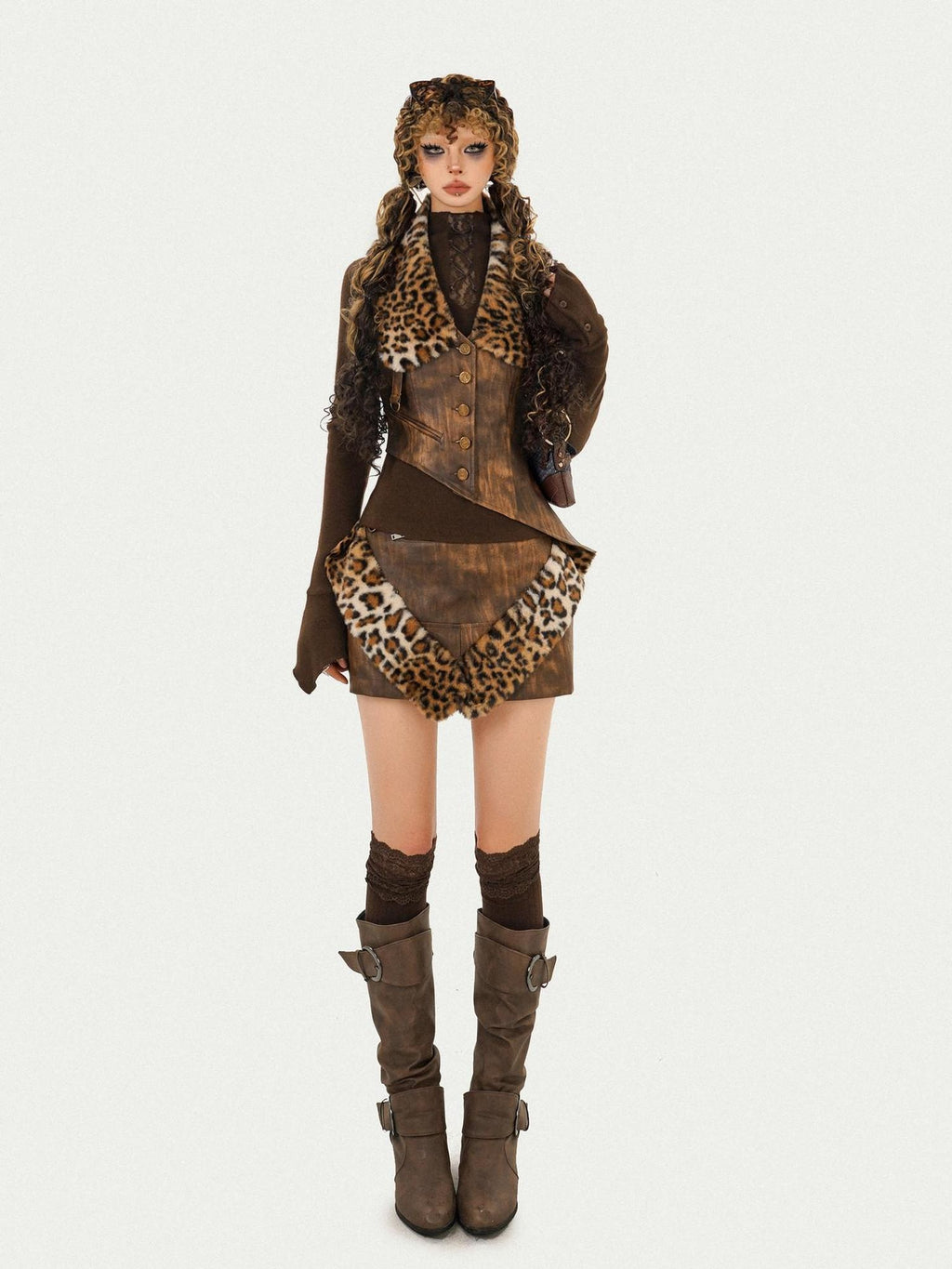 Nico Molly Leopard Trim Patchwork Nomadic A Line Mid Waist Casual Women Mini Skirts