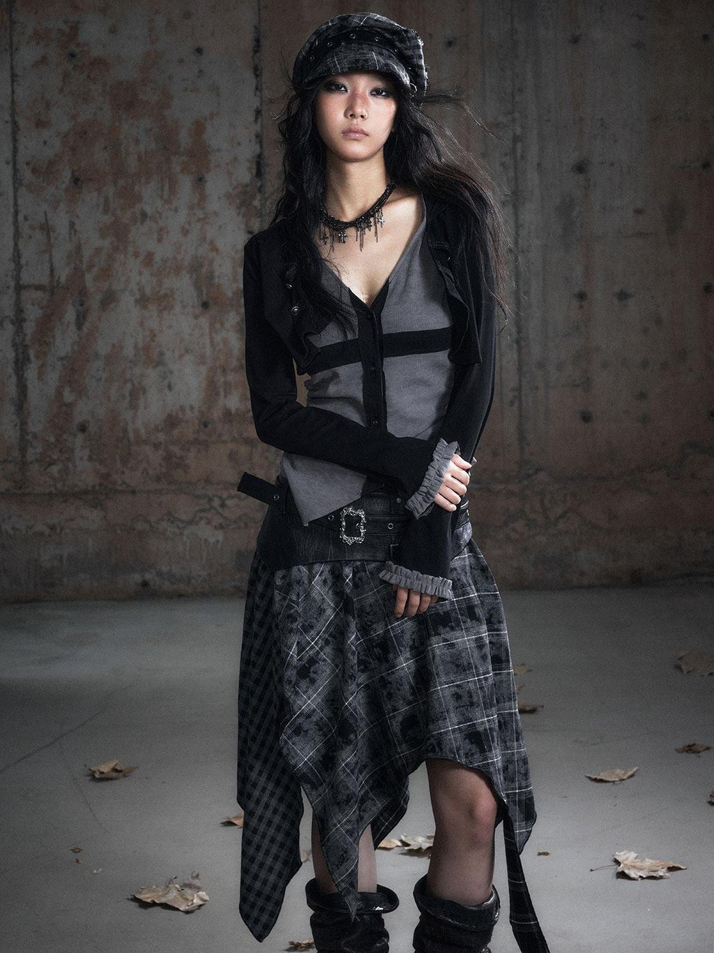 Cest Nous Slim Hooded Patchwork Knit Punk Long Sleeve Open Front Women Black Gray Blouses