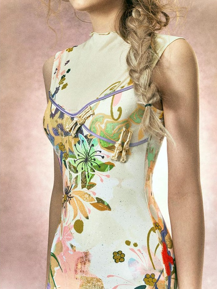 OfAkiva Floral High Waist New Chinese Cheongsam A Line Slim Sleeveless Midi Dresses