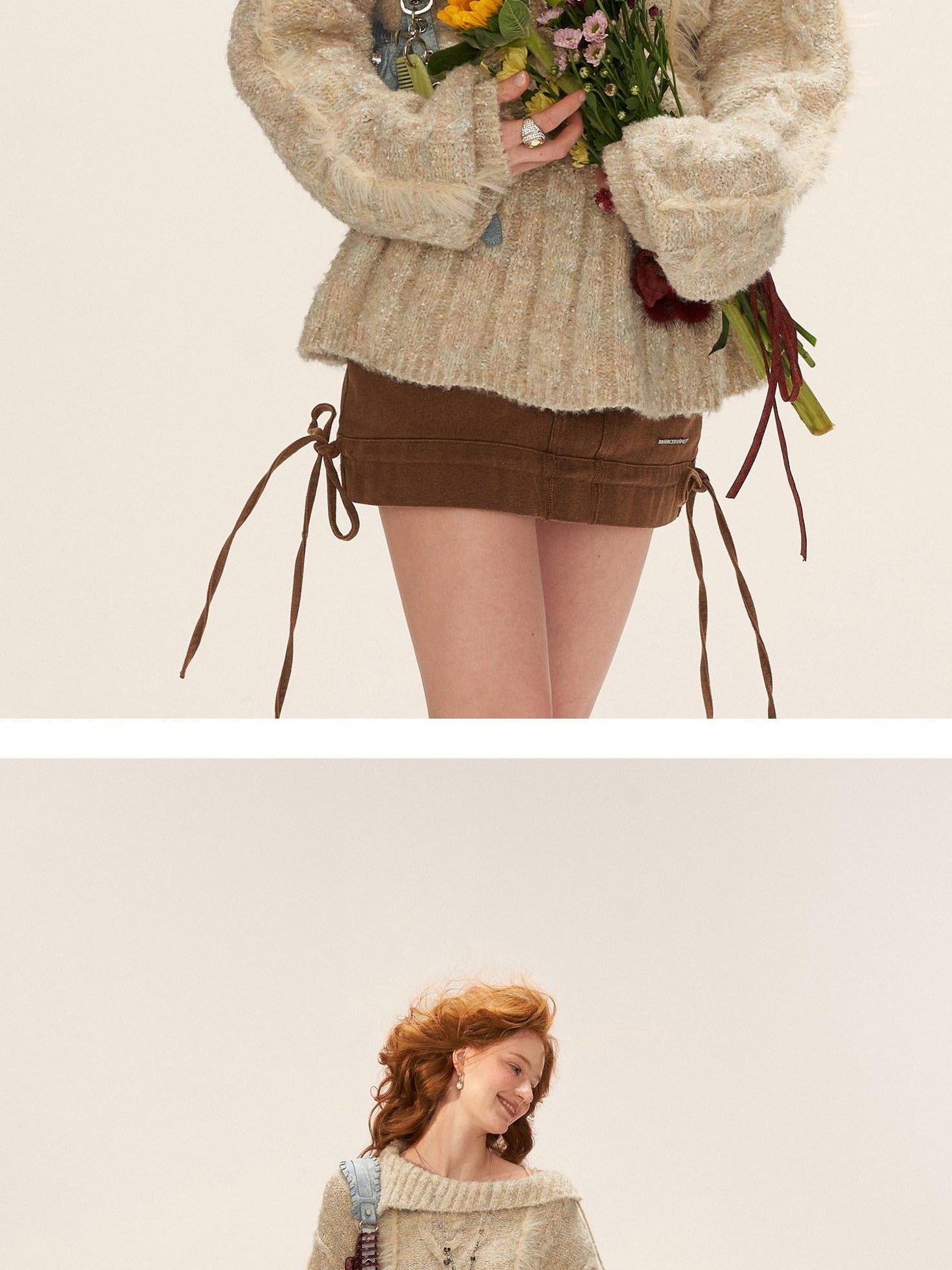 MAMC Soft Knit Waist Cinch Preppy Loose Lapel Collar Women Beige Mini Dresses