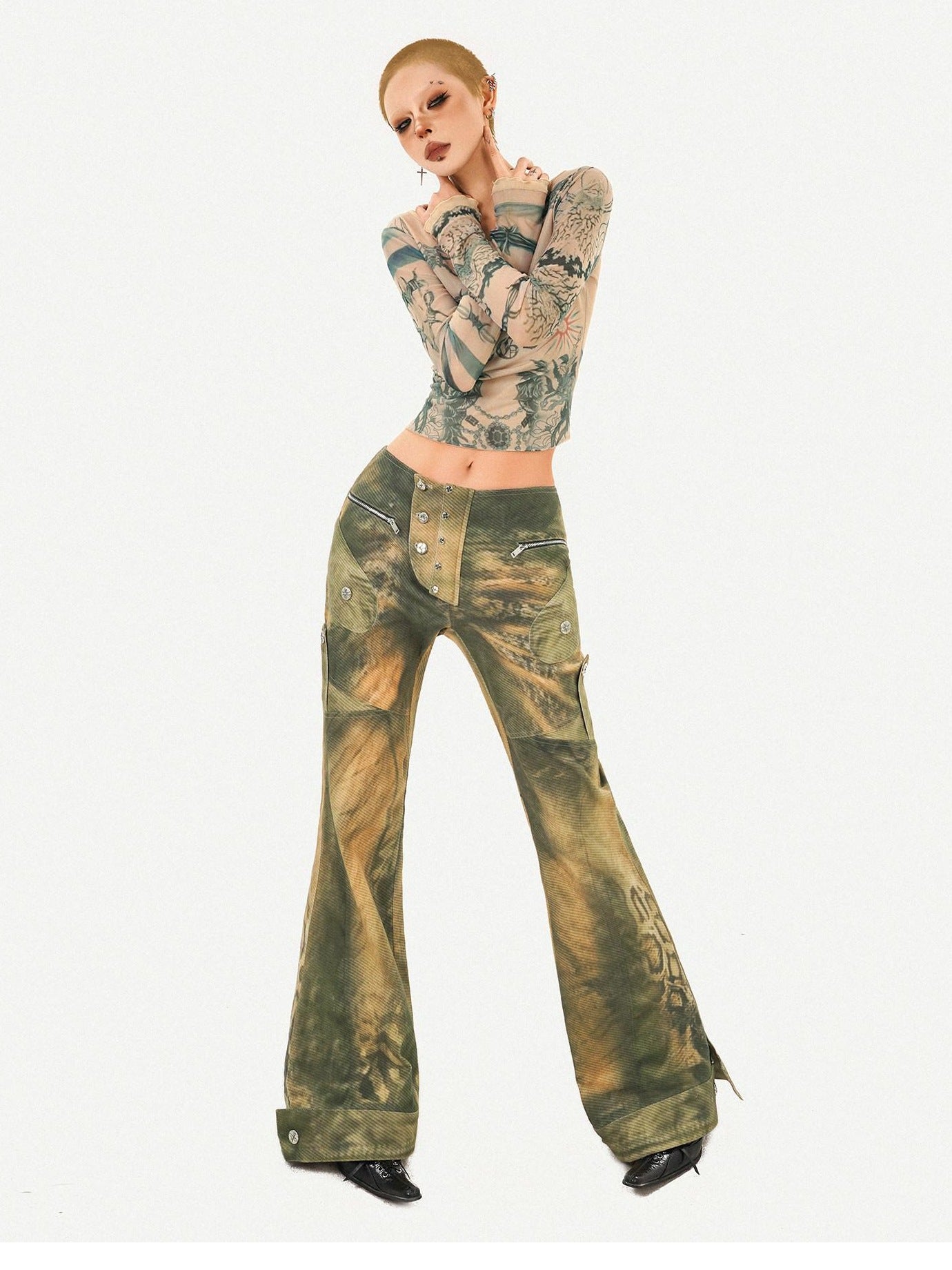 Nico Molly Vintage Tie Dye Floral Mesh Slim Fit Crew Neck Women Long Sleeve Crop Tops