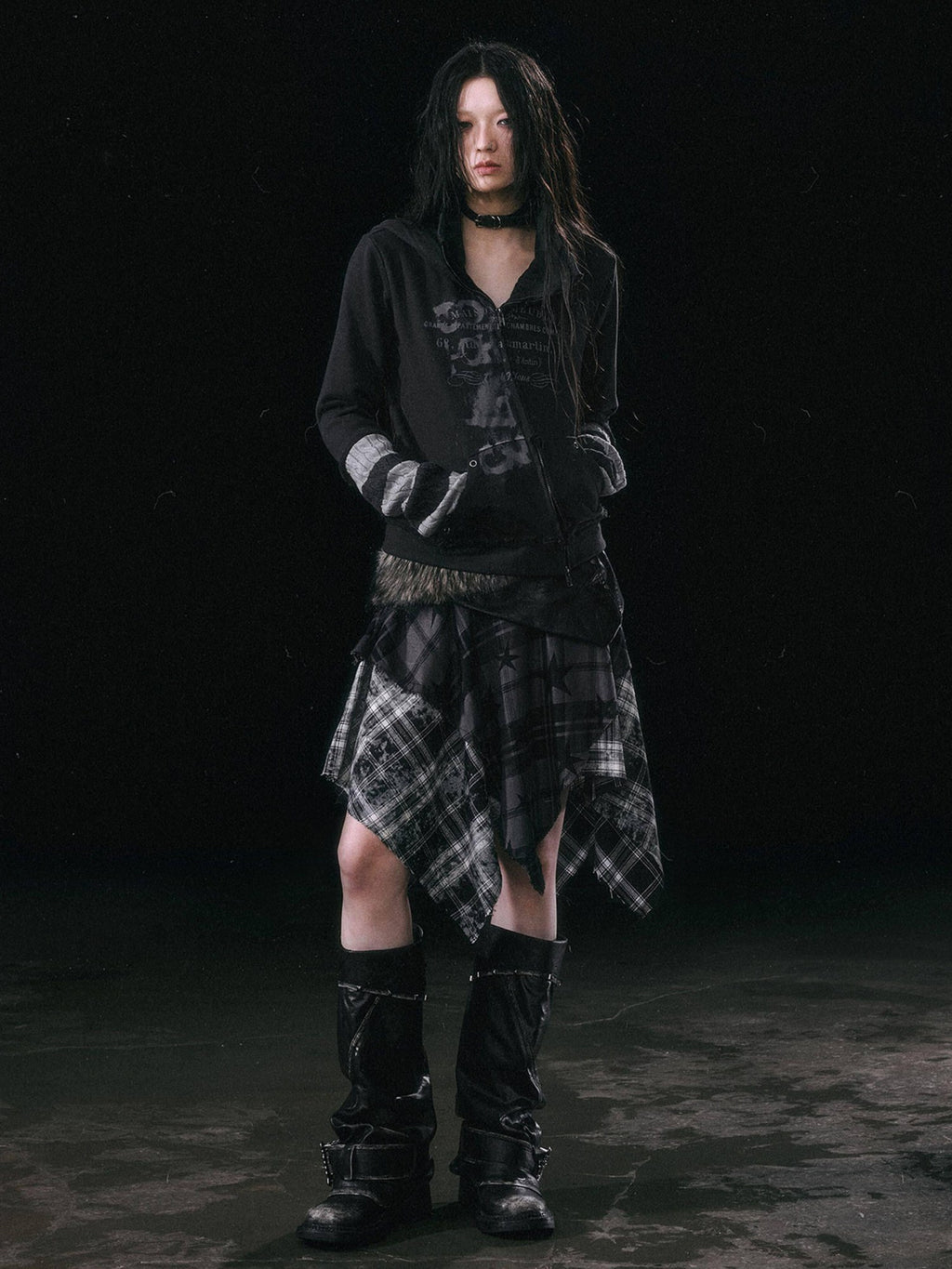 Cest Nous Patchwork Asymmetrical Punk Plaid A Line Mid Waist Women Cotton Midiskirts