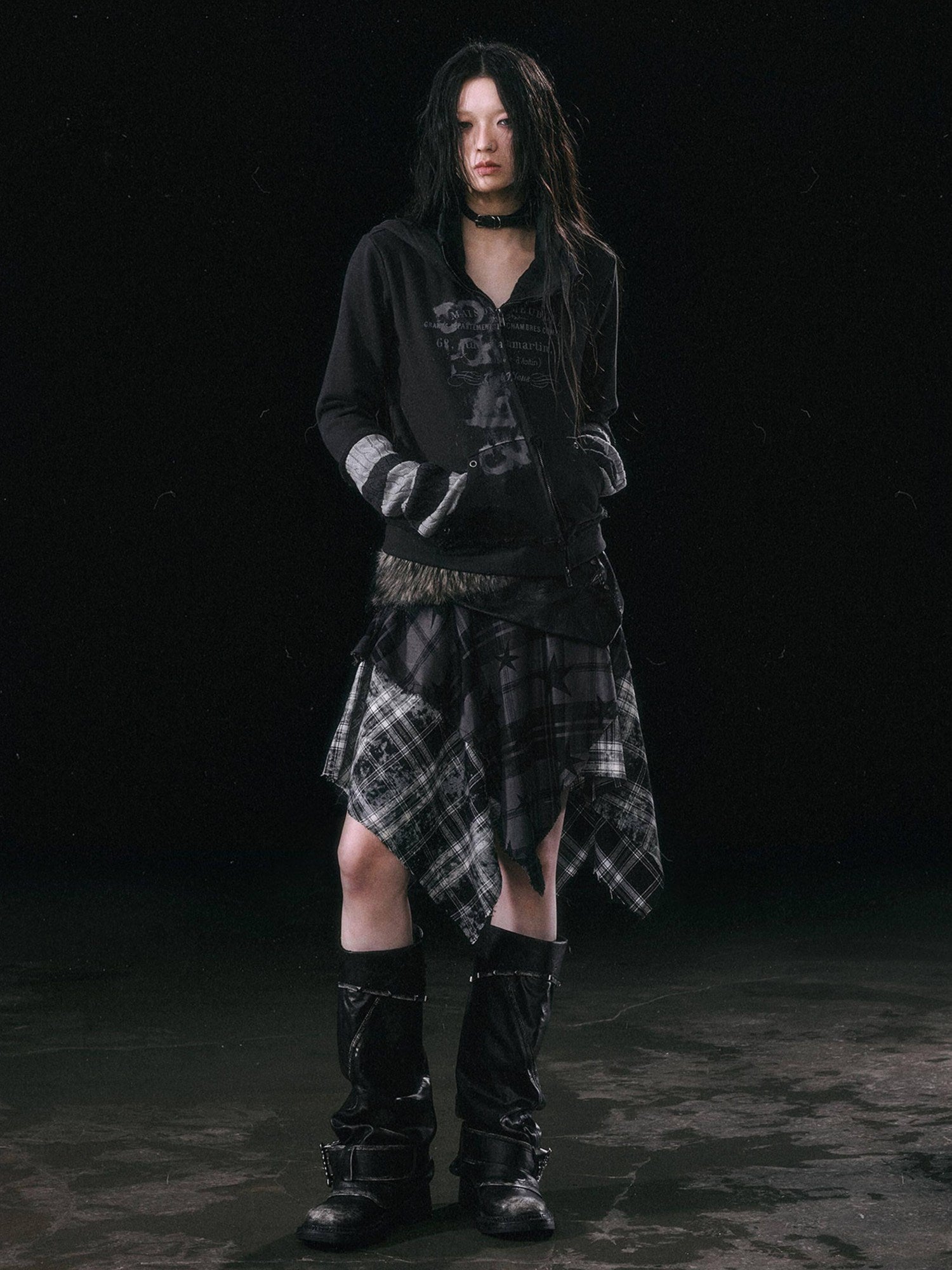 Cest Nous Patchwork Asymmetrical Punk Plaid A Line Mid Waist Women Cotton Midiskirts
