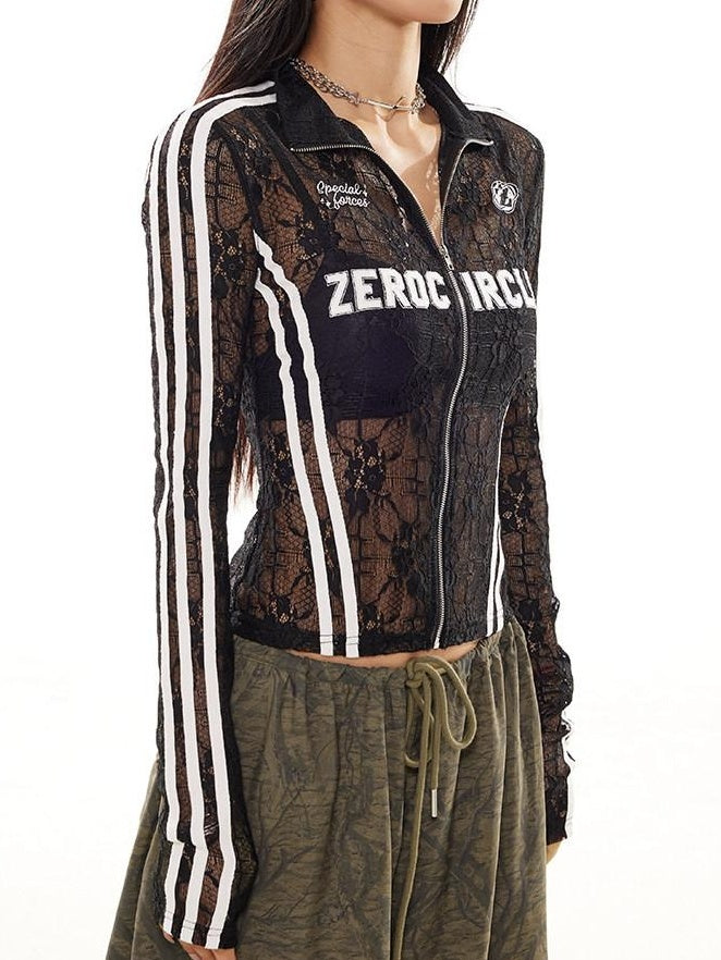 ZERO Slim Fit Street Applique Stand Collar Zipper Women Nylon Long Sleeve Crop Tops