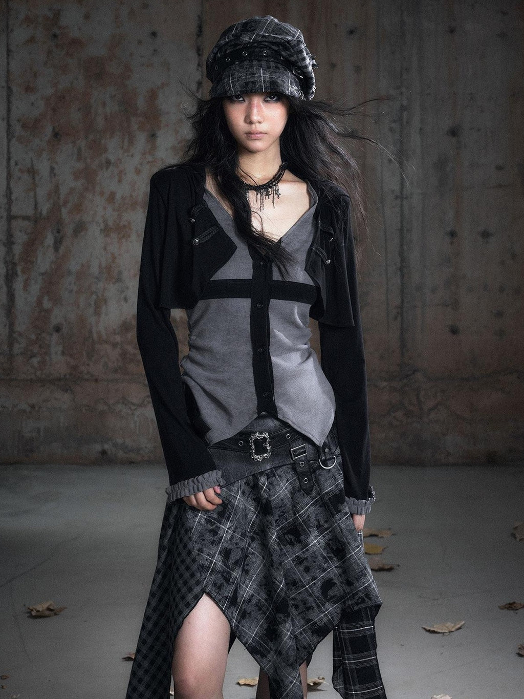 Cest Nous Slim Hooded Patchwork Knit Punk Long Sleeve Open Front Women Black Gray Blouses