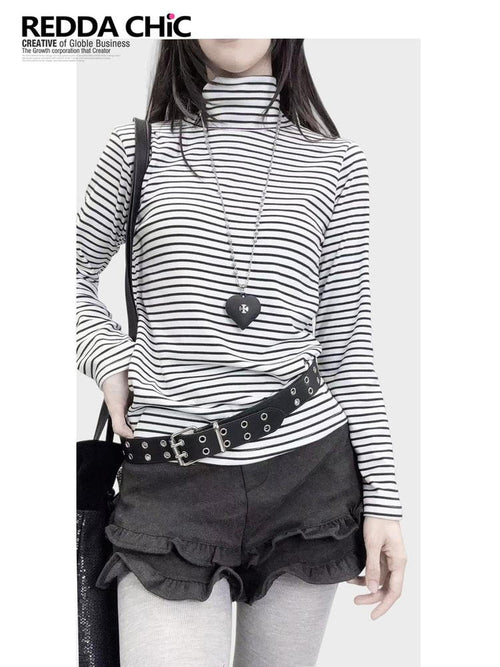 REDDACHIC Black White Stripe Gothic Half Collar Women'S Fleece Long Sleeve T-Shirts