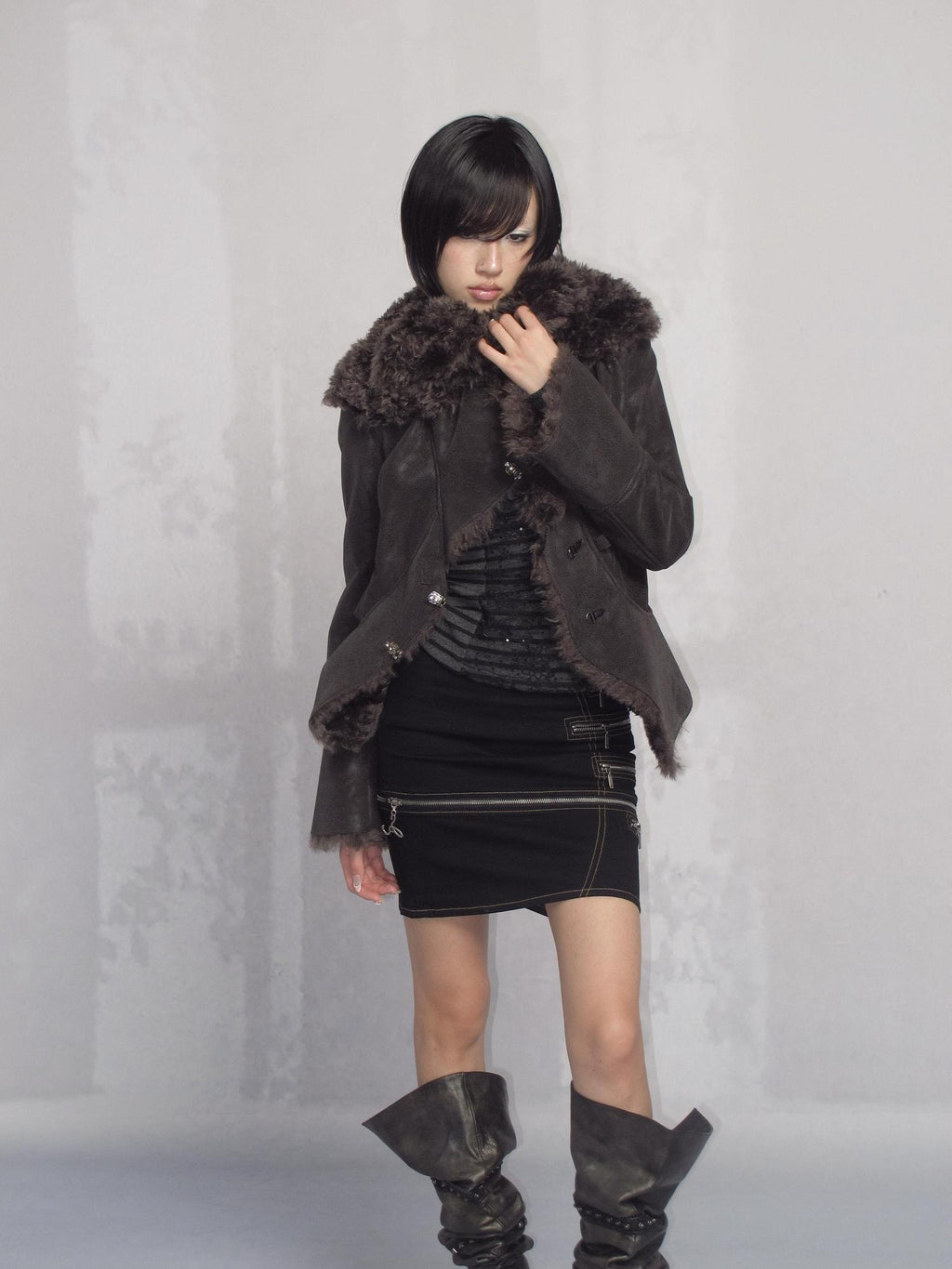 OPEN AESTHETIC Warm Faux Fur Oversized Lapel Collar Women Dark Aesthetic Black Casual Jackets