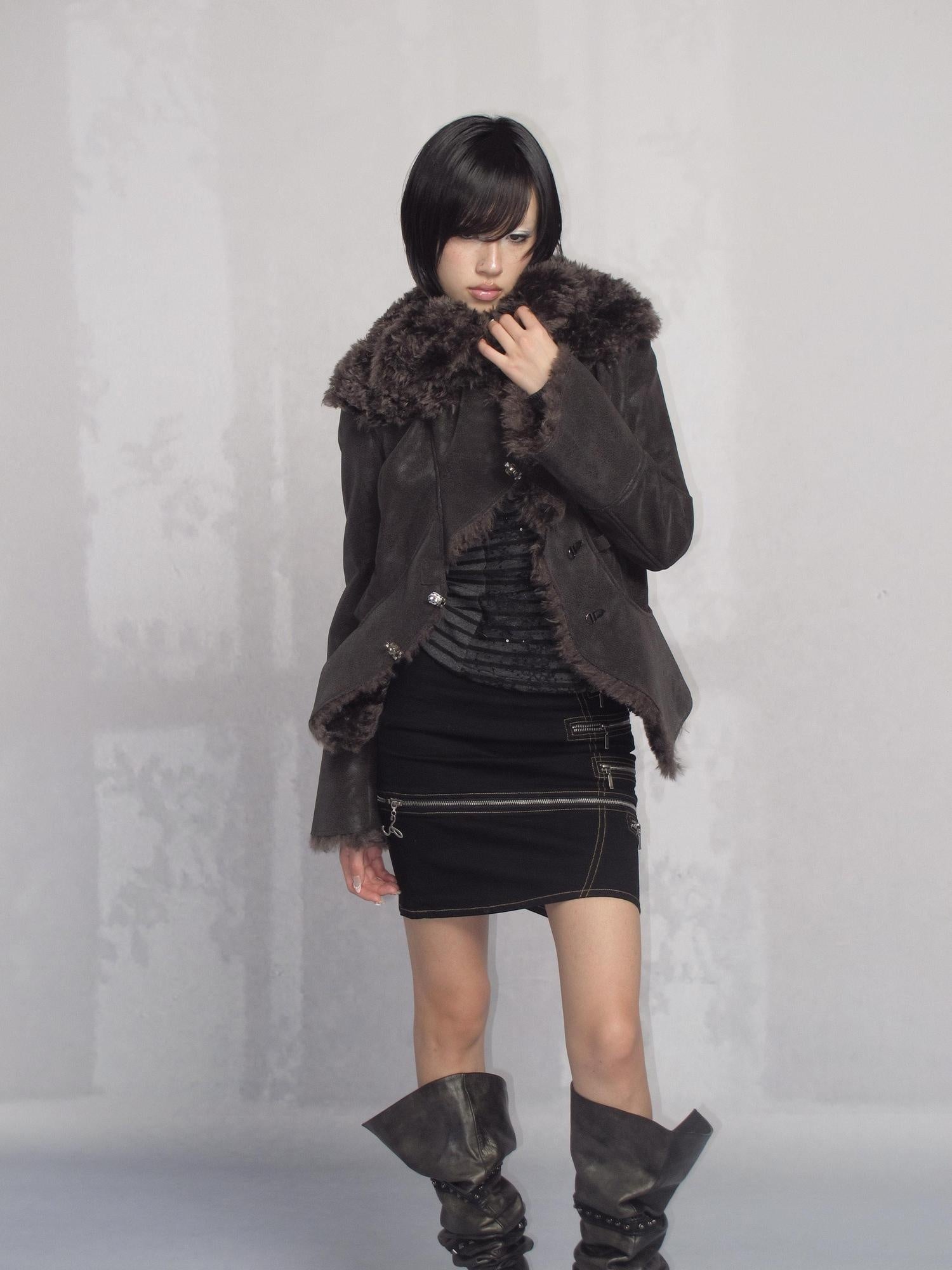 OPEN AESTHETIC Warm Faux Fur Oversized Lapel Collar Women Dark Aesthetic Black Casual Jackets