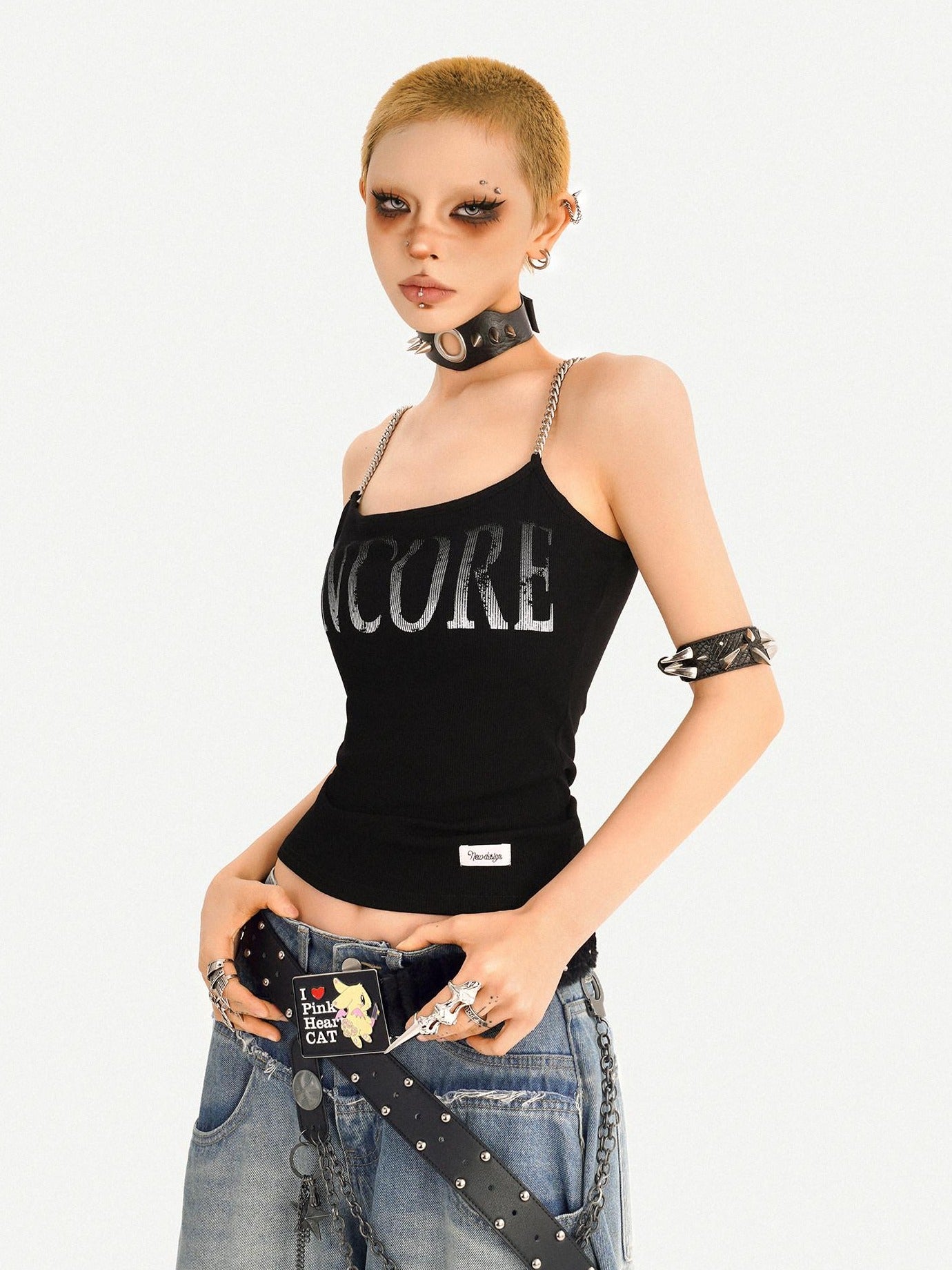 Nico Molly Loose U Neck Printed Short Non Padded Women Layering Khaki Black Camisoles