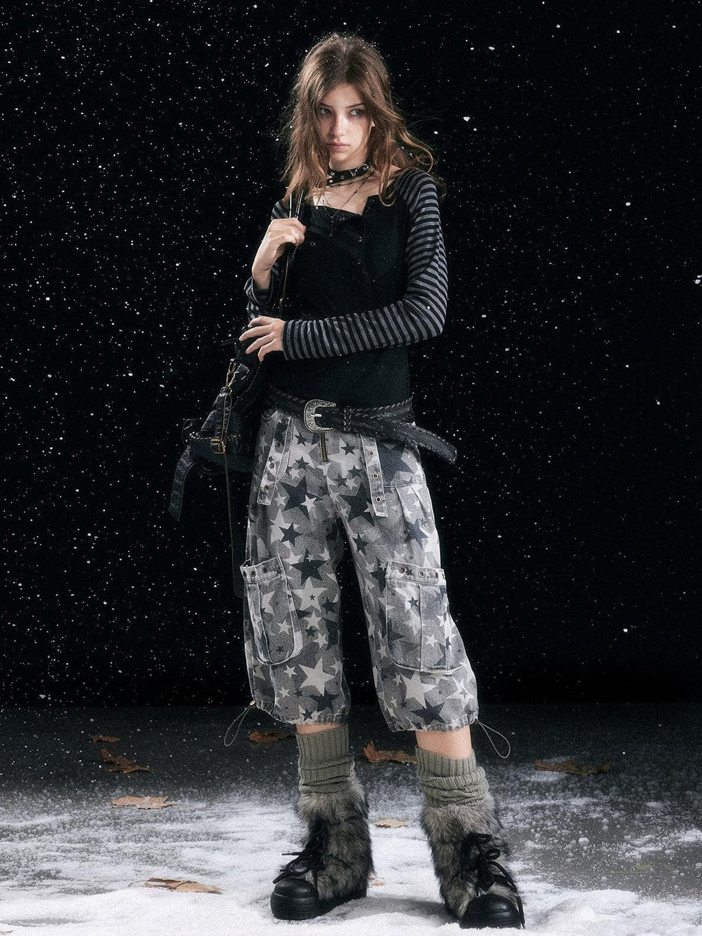 Cest Nous Distressed Grey Camo Cotton Tapered Button Fly Pockets Women Cargopants