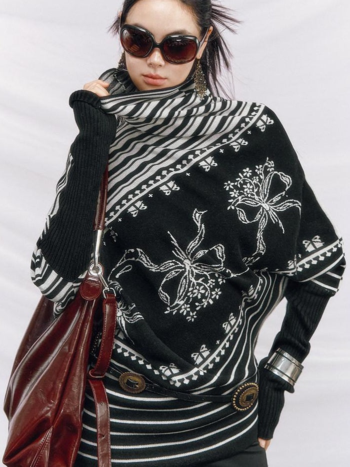OfAkiva Thermal Slim Fit Colorblock Batwing Cowl Neck Women Striped Knit Sweaters