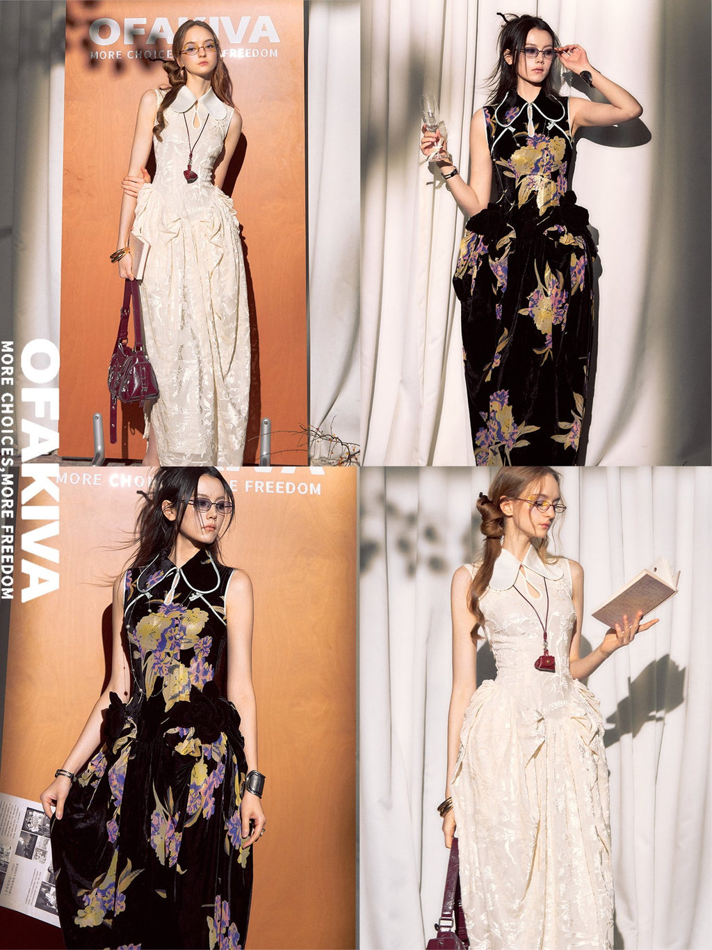 OfAkiva Elegant Chinese Style Jacquard High Waist A Line Two Piece Women Maxi Dresses
