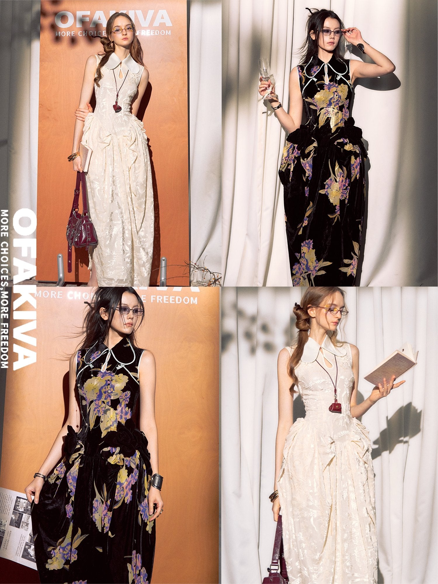 OfAkiva Elegant Chinese Style Jacquard High Waist A Line Two Piece Women Maxi Dresses
