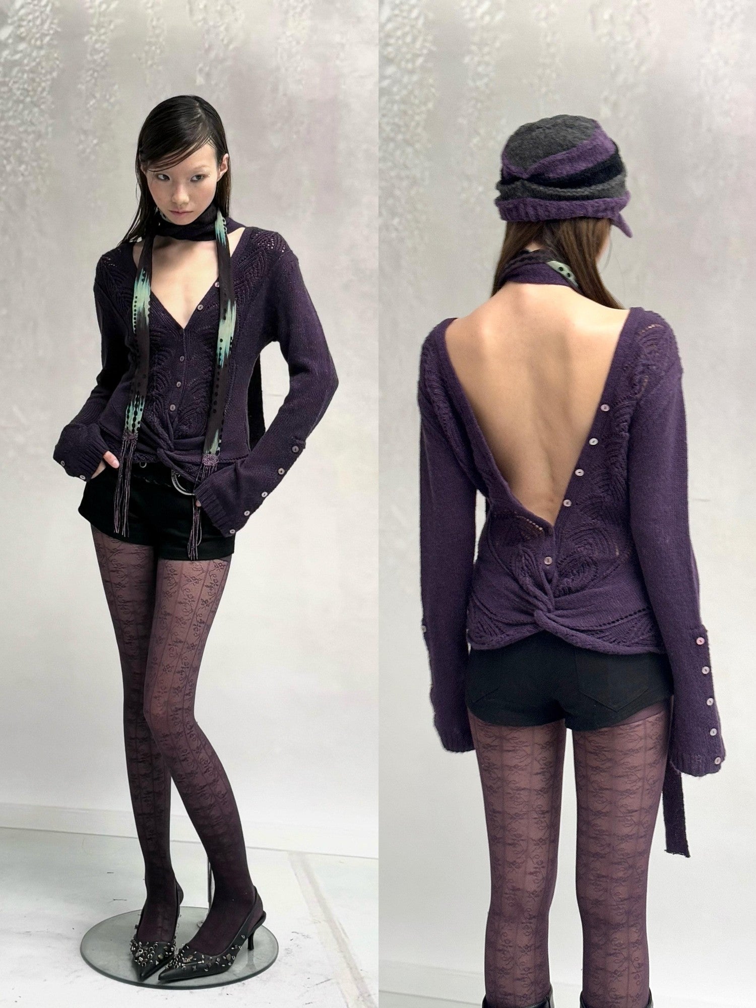 Flowers birds Market Backless V-neck Slim Fit Striped Women Cotton Knit Longsleeve Cardigans