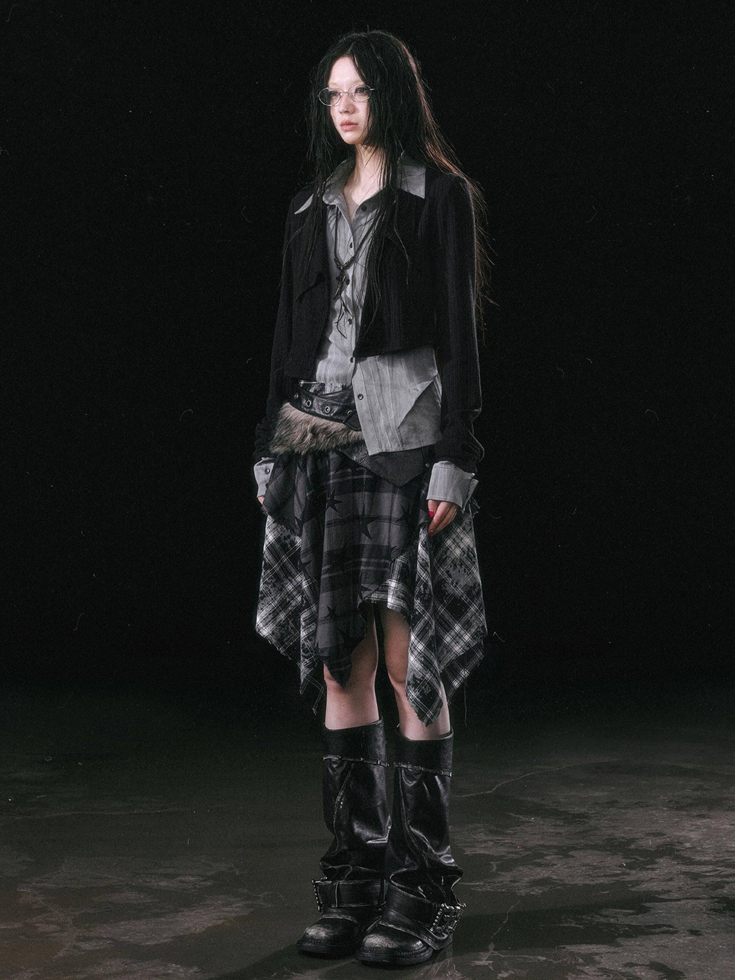 Cest Nous Patchwork Asymmetrical Punk Plaid A Line Mid Waist Women Cotton Midiskirts