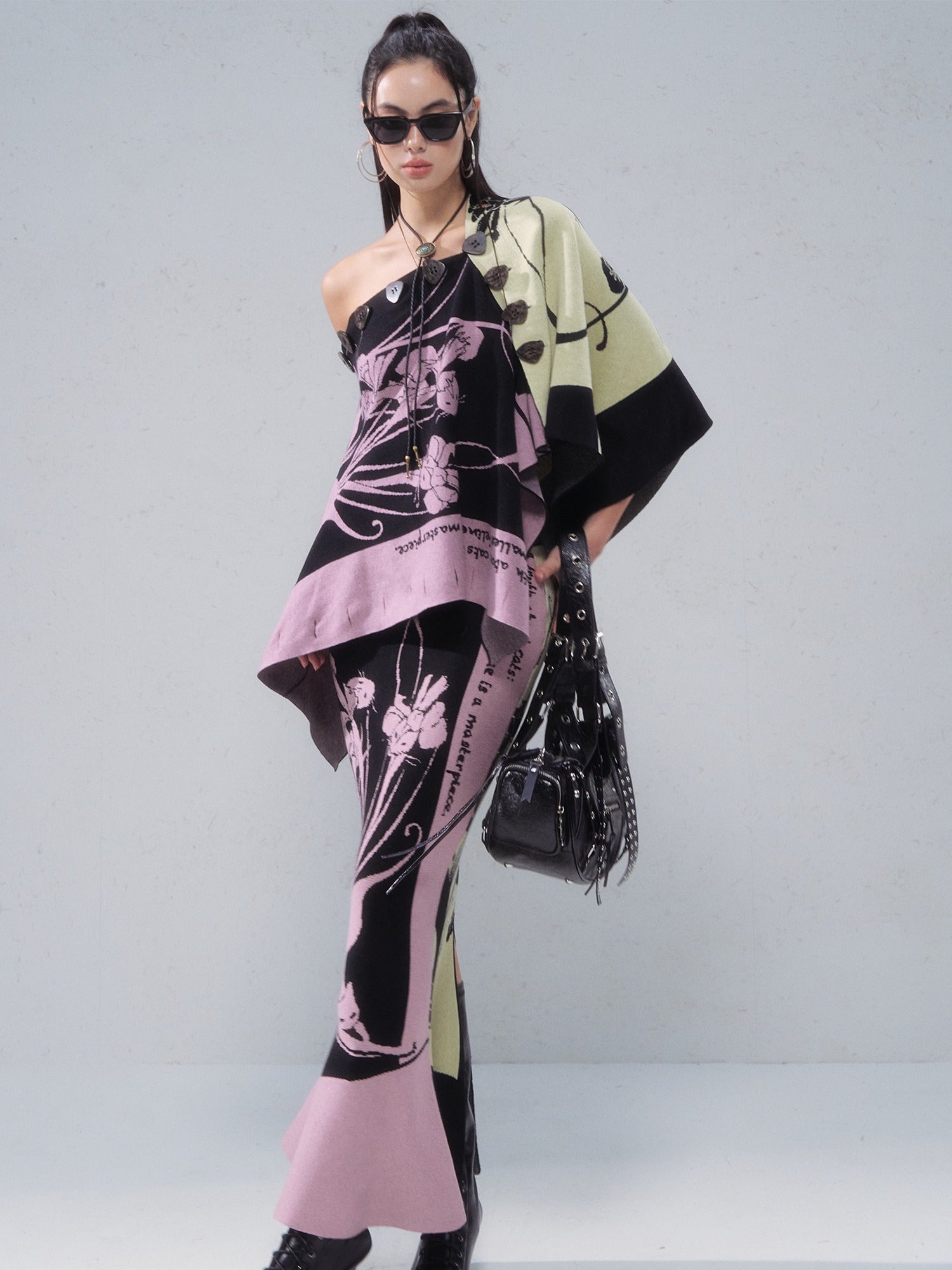 OfAkiva Colorblock Floral Chinese Slim Fit Women Two Piece Elegant Top & Skirt Sets