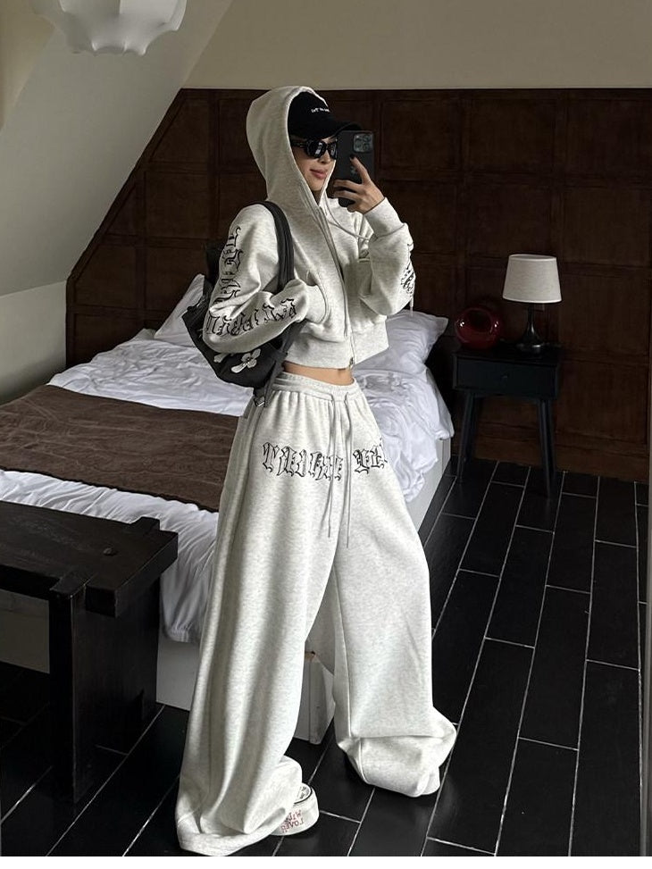 ZERO Thick Cotton Zip Cropped Sweatshirt Printed Loose Casual Women Top & Pants Sets